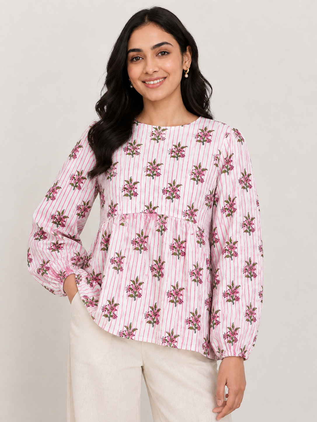 Blush Bouquet Striped Block Print Peplum Top