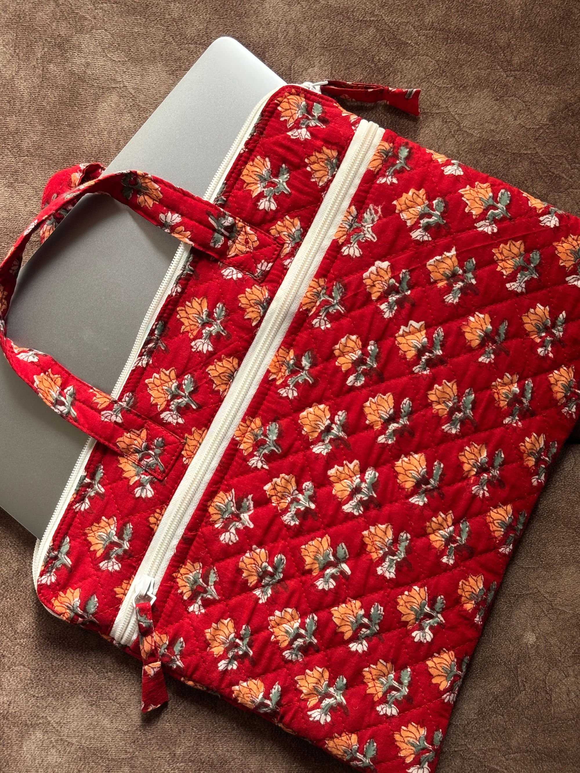 Crimson Lotus Quilted Laptop Bag