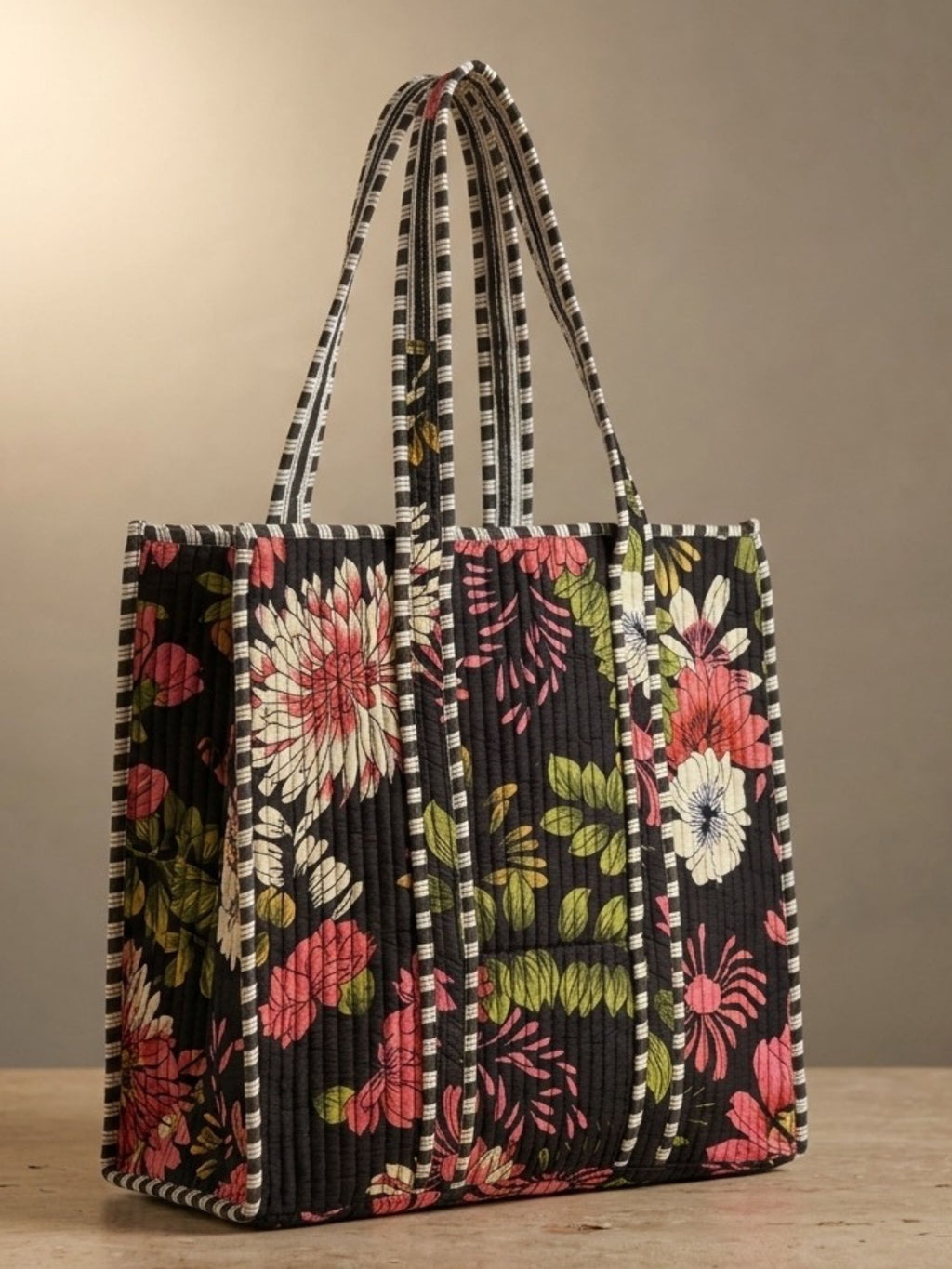 Black Floral Bird Print Quilted Tote Bag