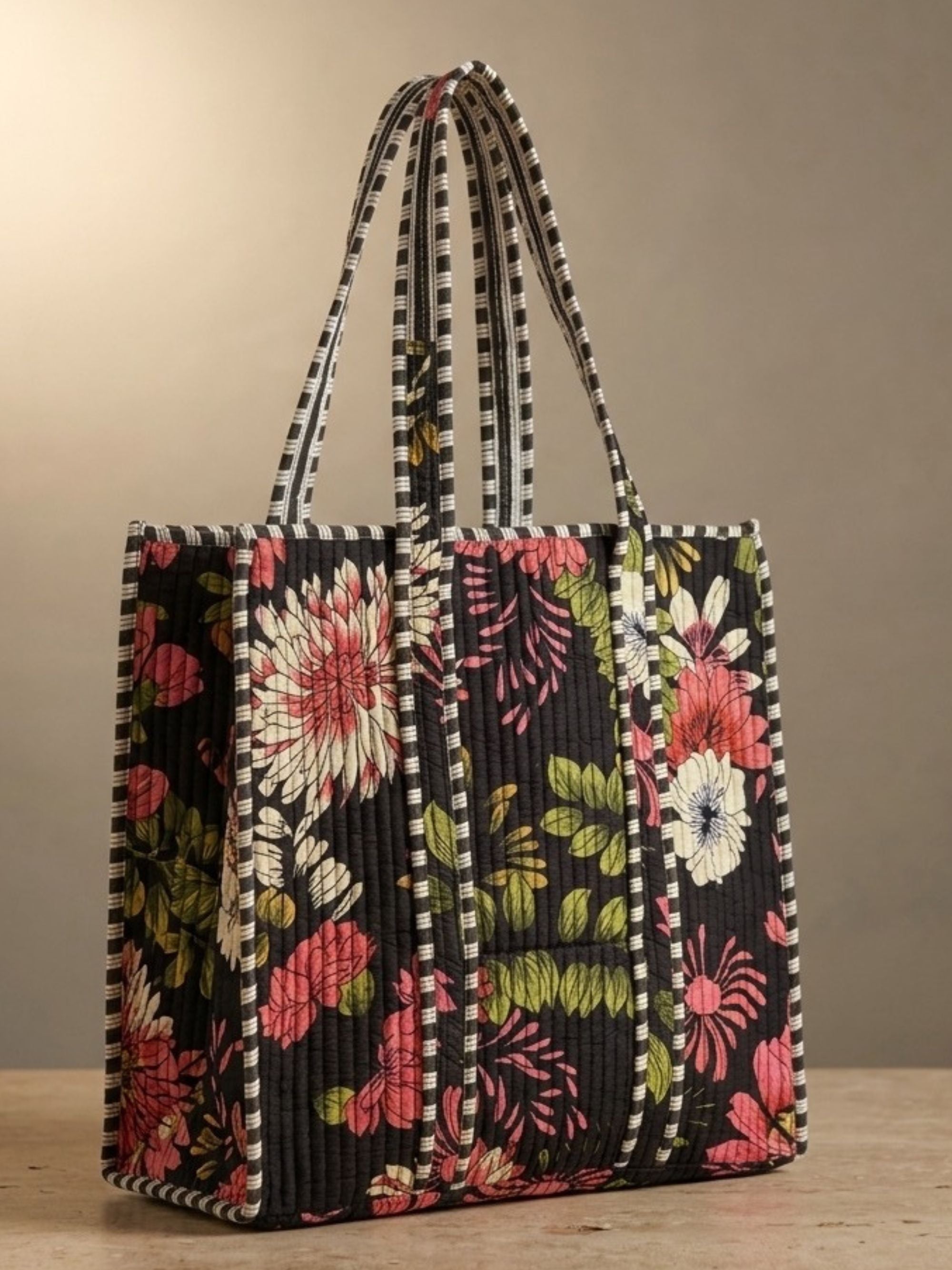 Black Floral Bird Print Quilted Tote Bag