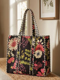 Black Floral Bird Print Quilted Tote Bag