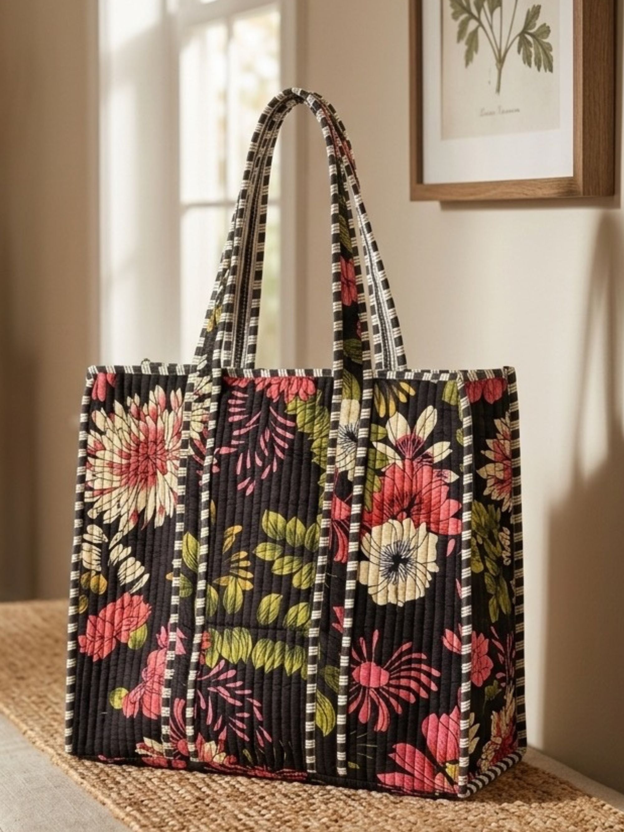 Black Floral Bird Print Quilted Tote Bag