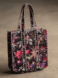 Black Floral Bird Print Quilted Tote Bag
