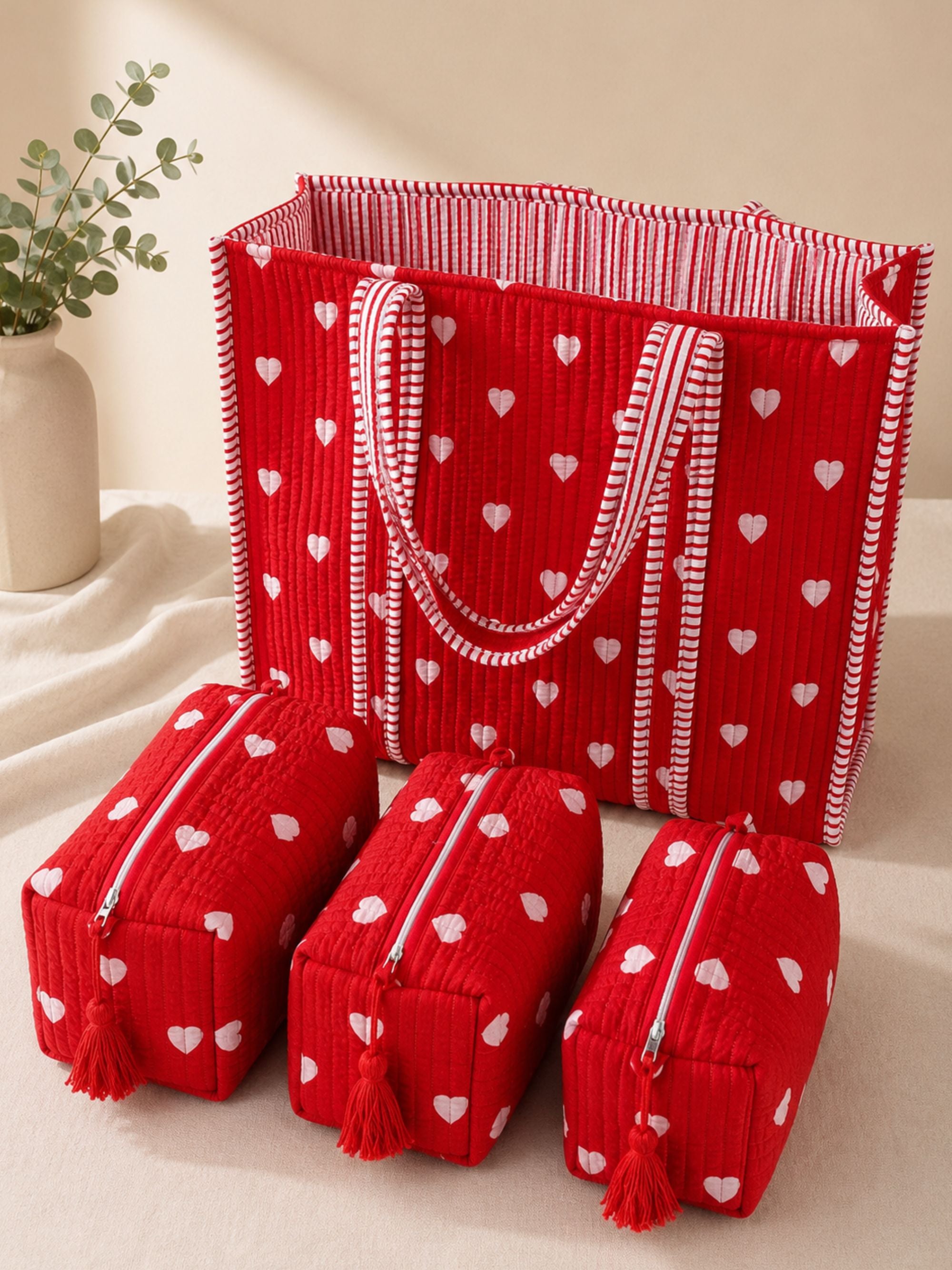 “Crimson Sweetheart” Quilted Tote & Pouch Set