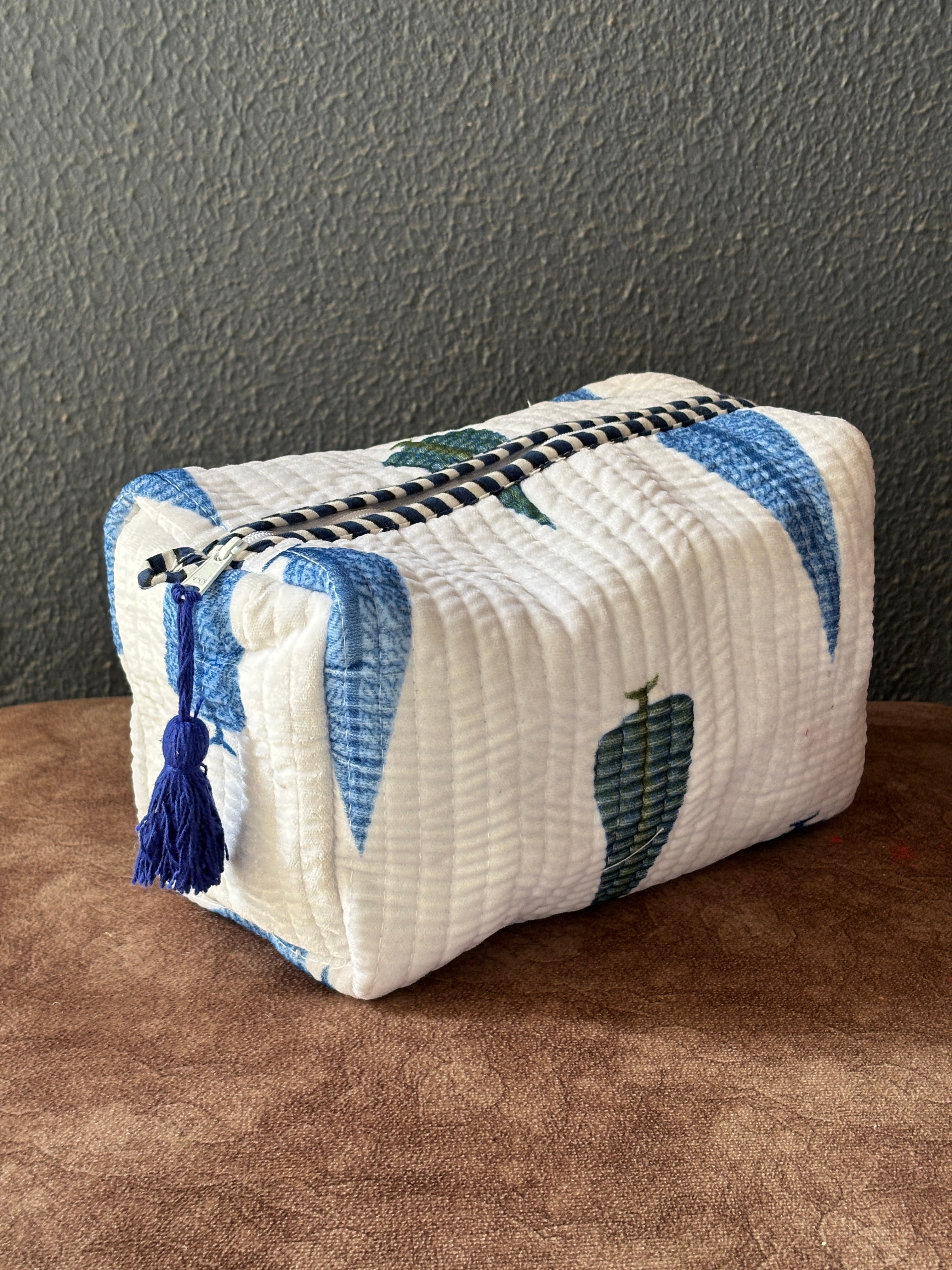 Indigo Leaf Velvet Quilted Pouch (Set of 3)