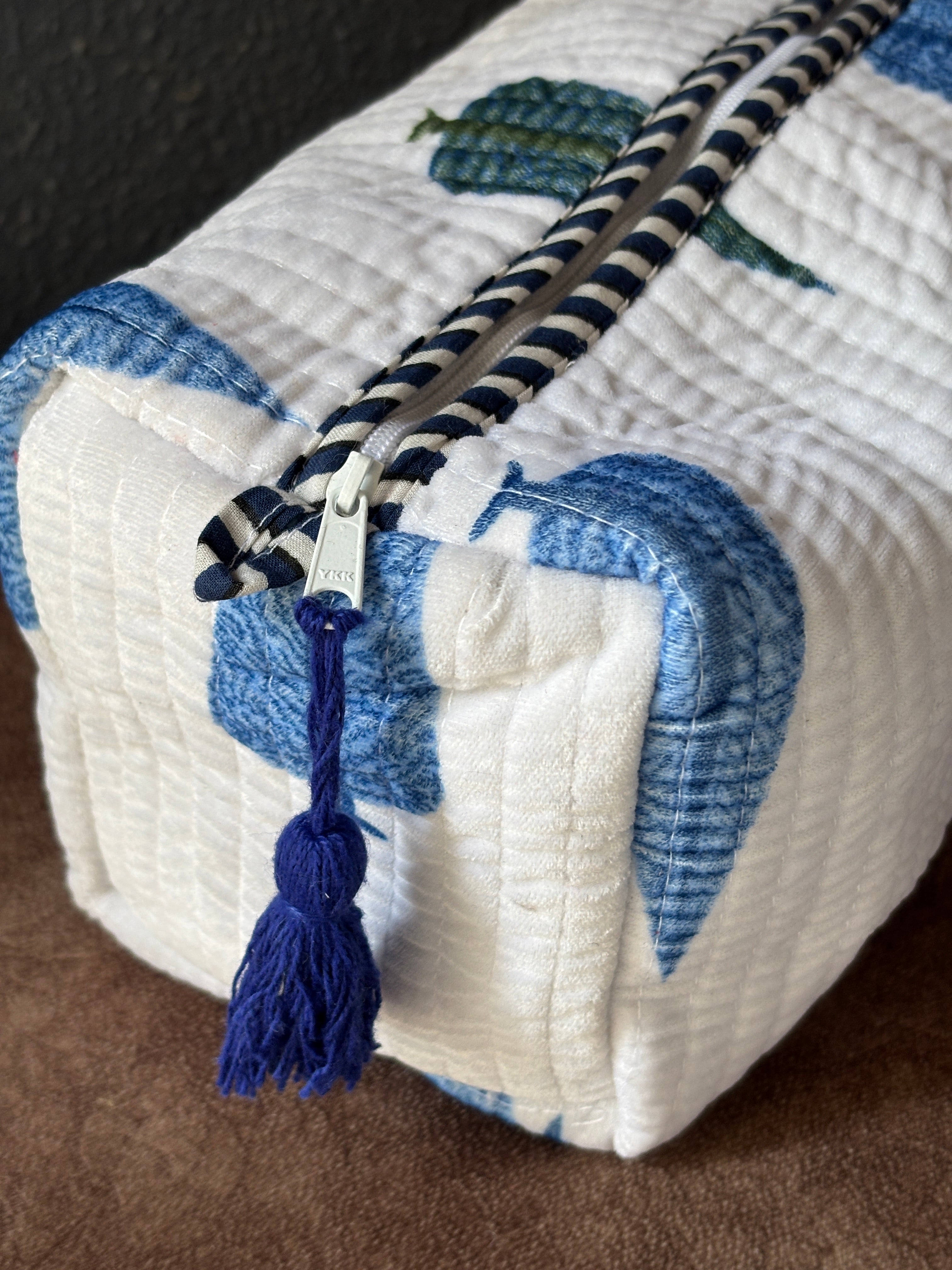 Indigo Leaf Velvet Quilted Pouch (Set of 3)
