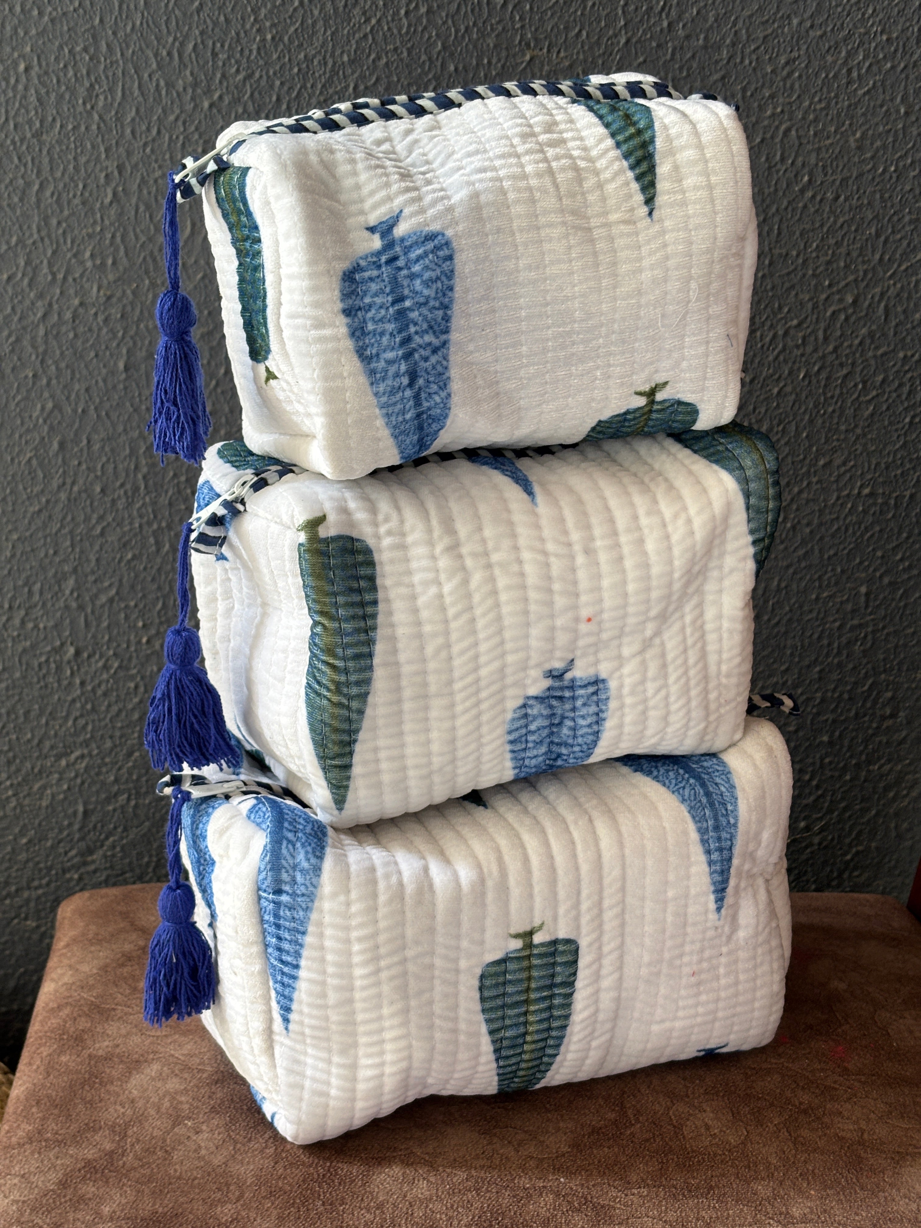 Indigo Leaf Velvet Quilted Pouch (Set of 3)