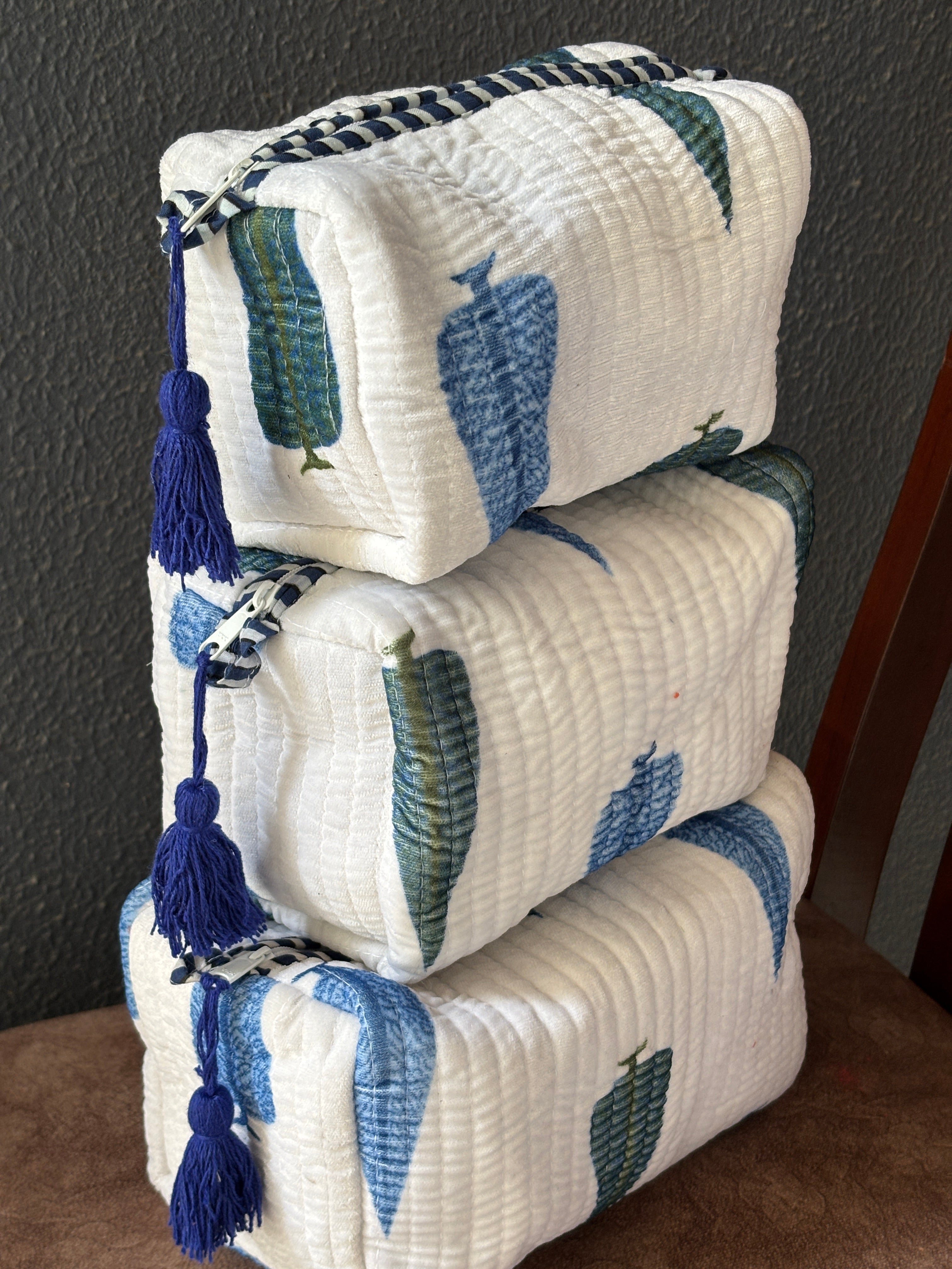 Indigo Leaf Velvet Quilted Pouch (Set of 3)