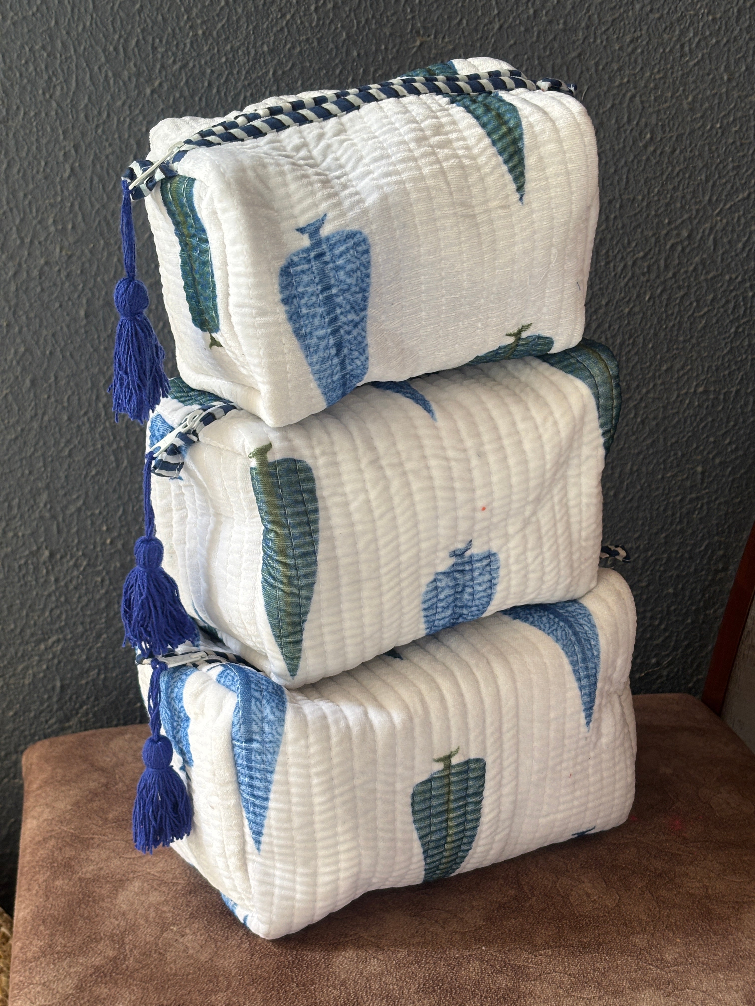 Indigo Leaf Velvet Quilted Pouch (Set of 3)