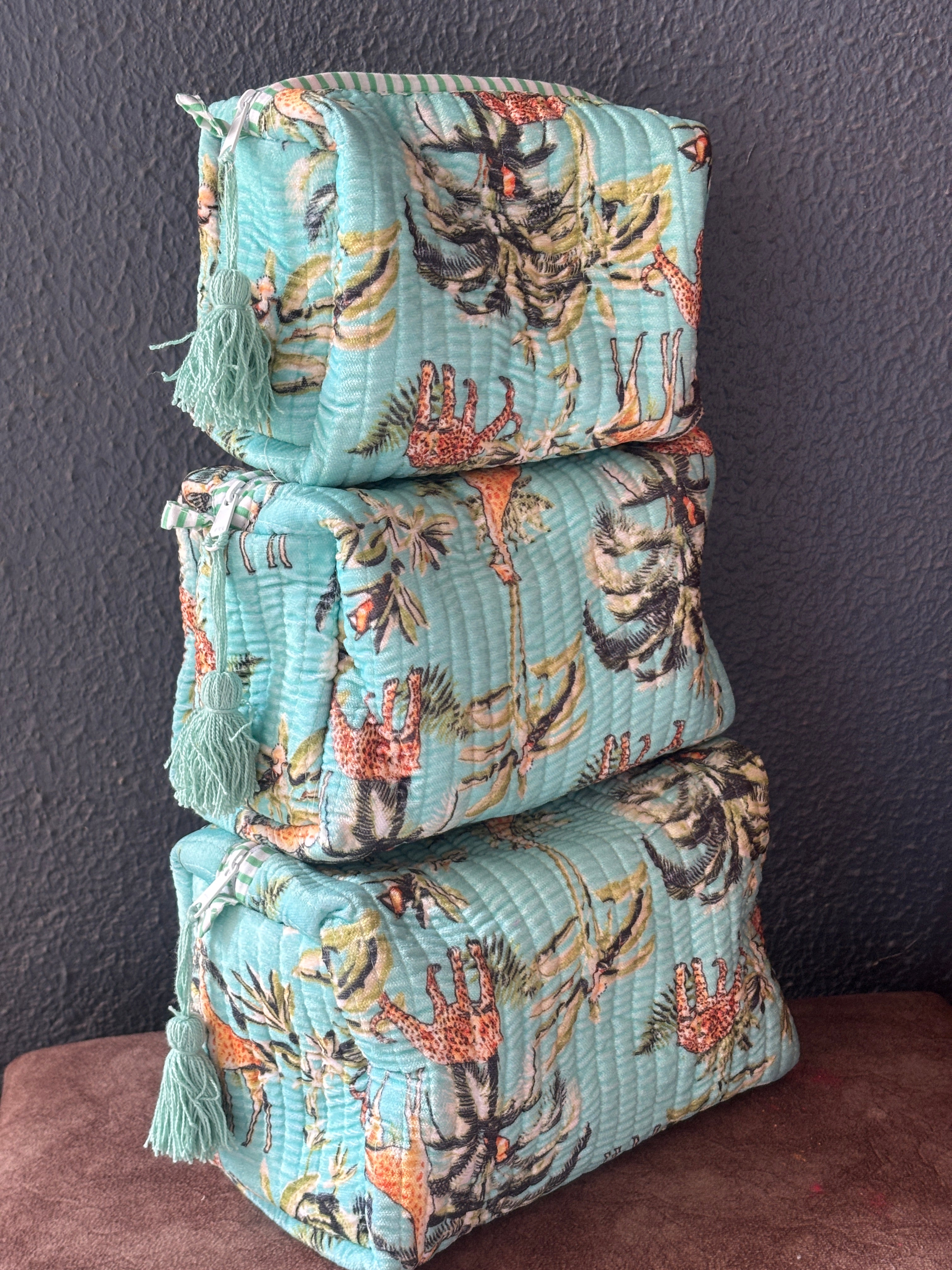 Aqua Safari Velvet Quilted Pouch (Set of 3)