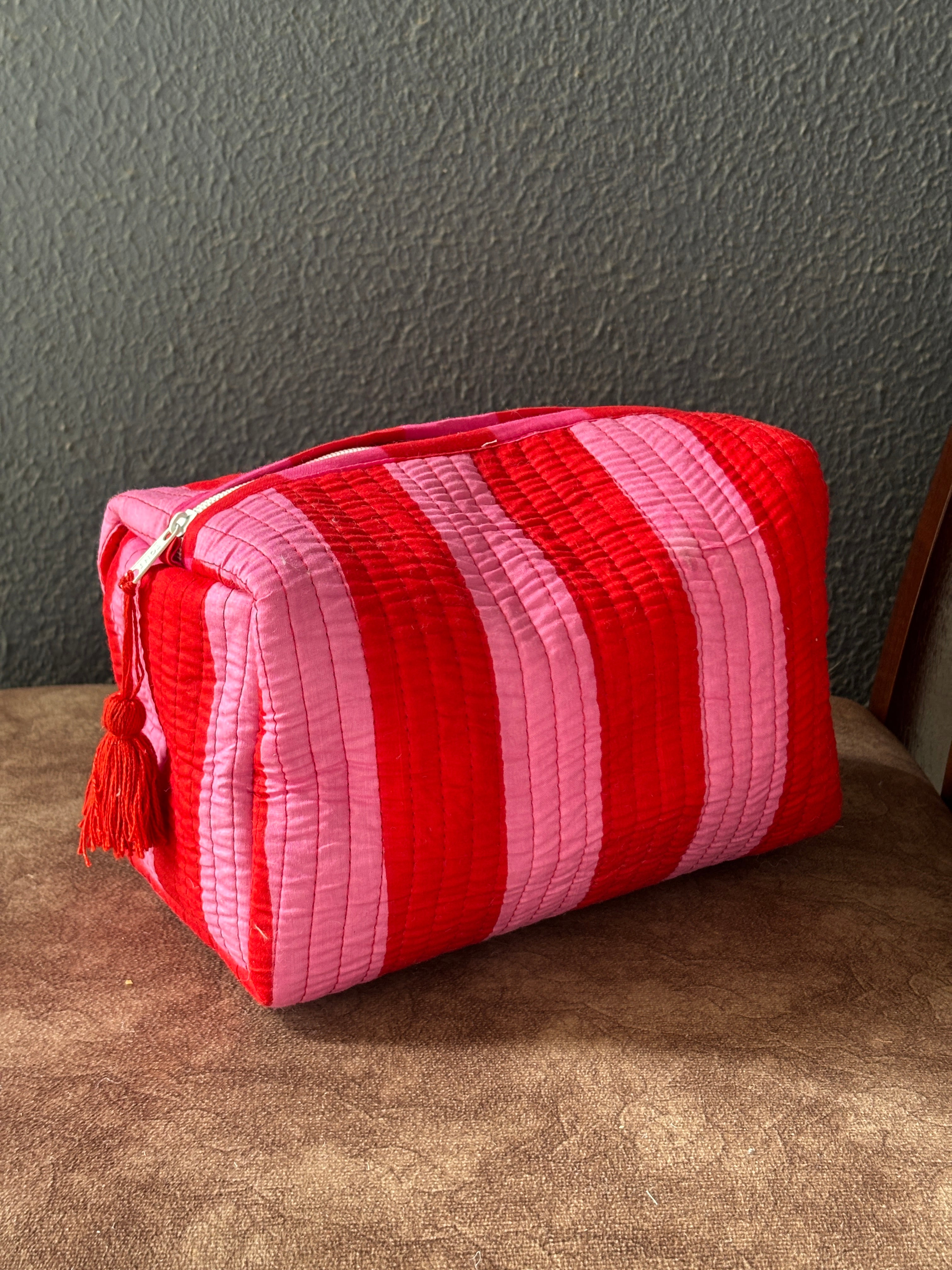 Cherry Blossom Stripe Velvet Quilted Pouch (Set of 3)