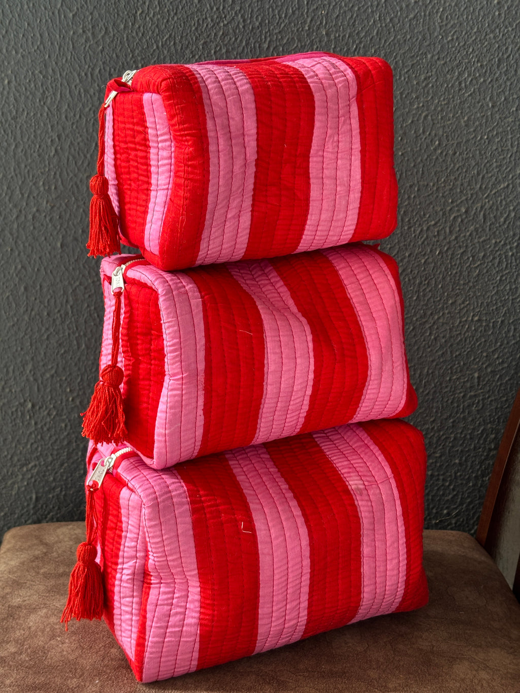Cherry Blossom Stripe Velvet Quilted Pouch (Set of 3)
