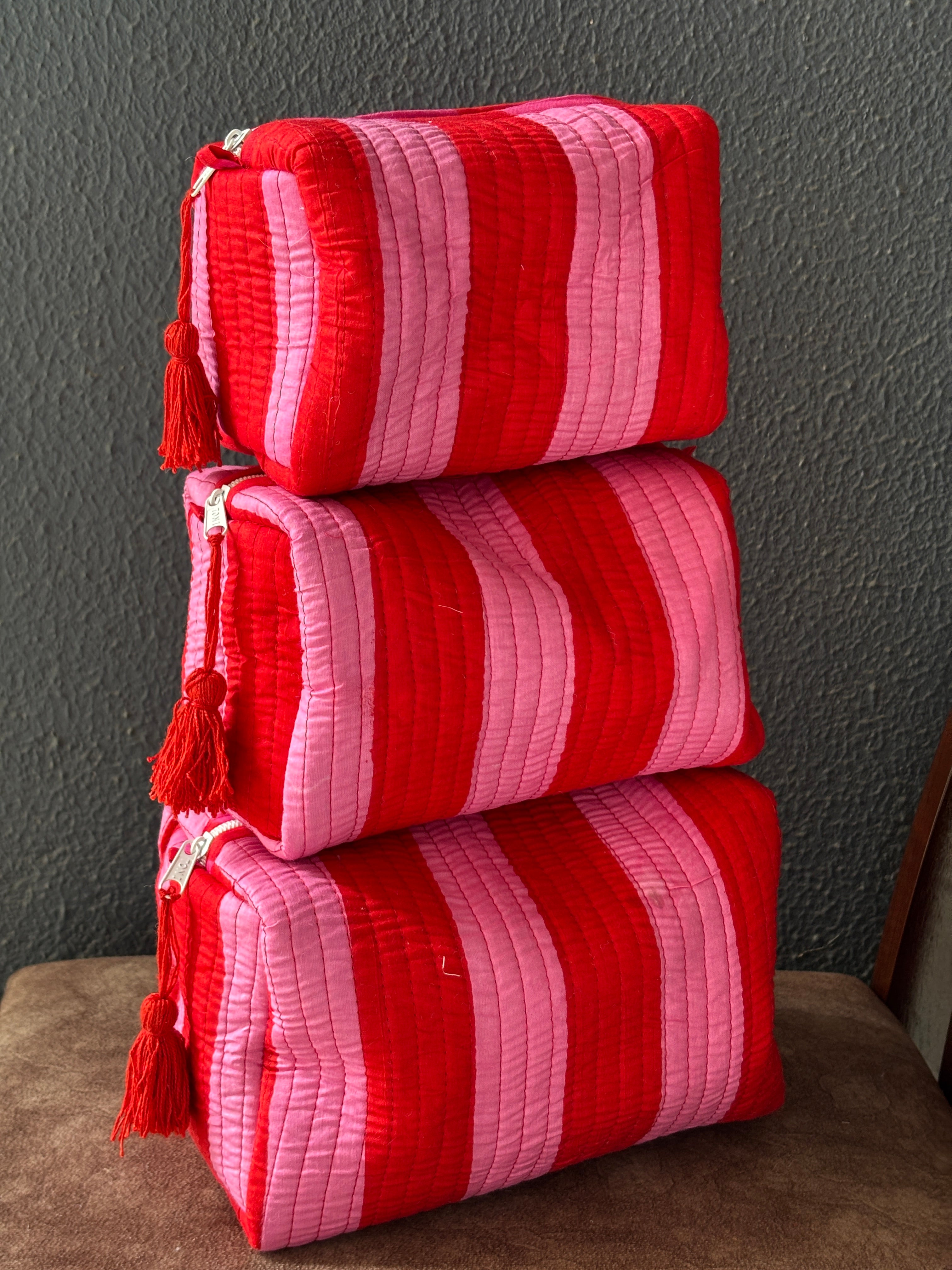 Cherry Blossom Stripe Velvet Quilted Pouch (Set of 3)