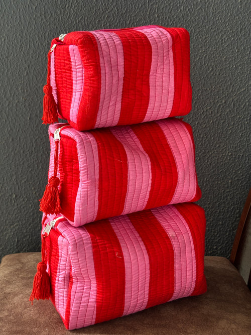 Cherry Blossom Stripe Velvet Quilted Pouch (Set of 3)