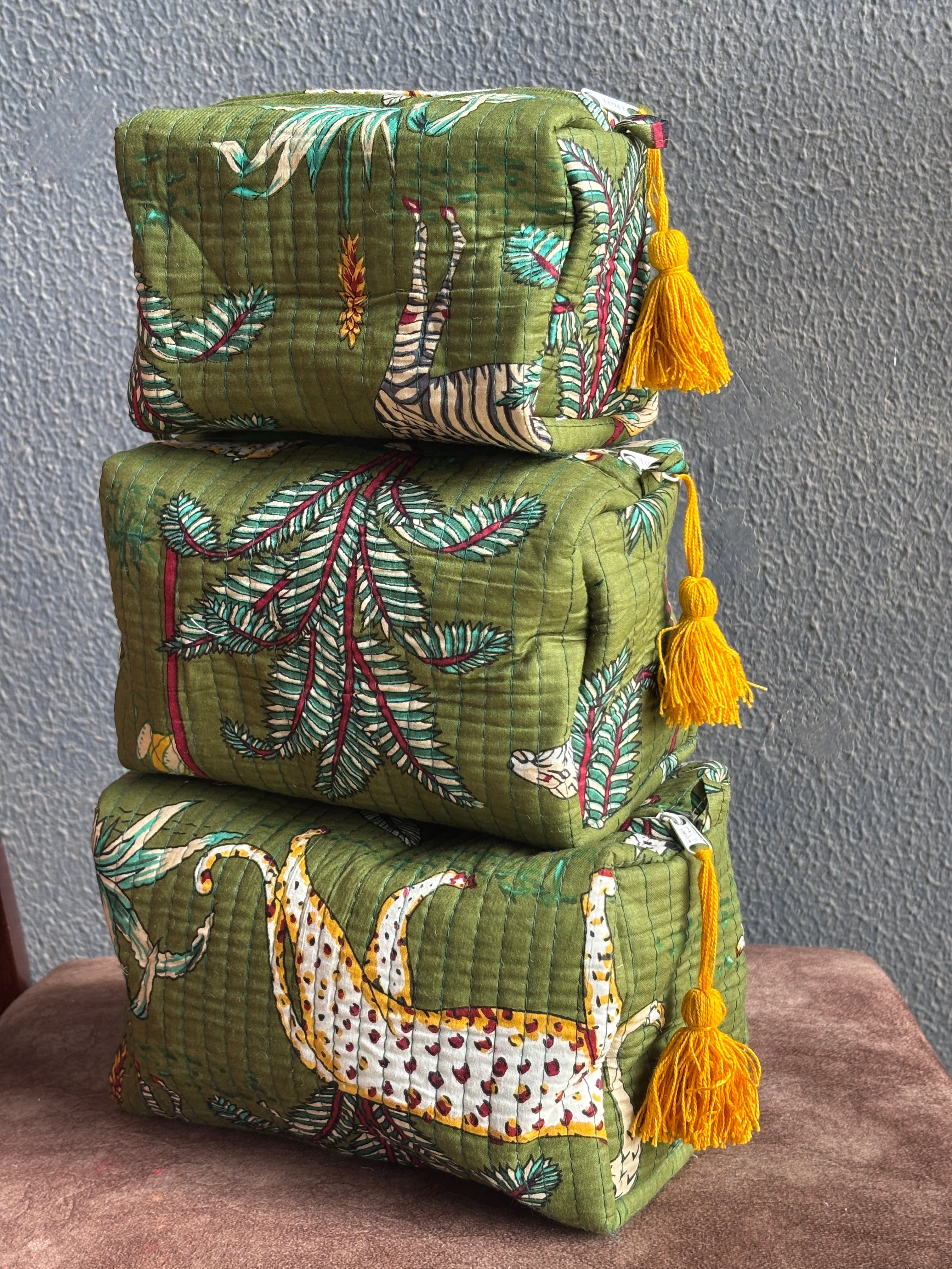 Olive Safari Quilted Pouch Set (Set of 3)