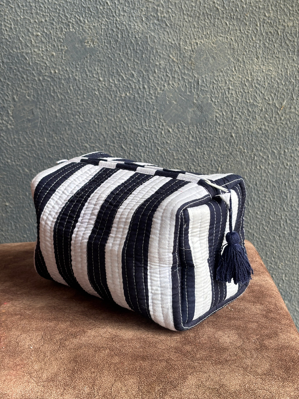 Navy Stripe Quilted Pouch Set (Set of 3)