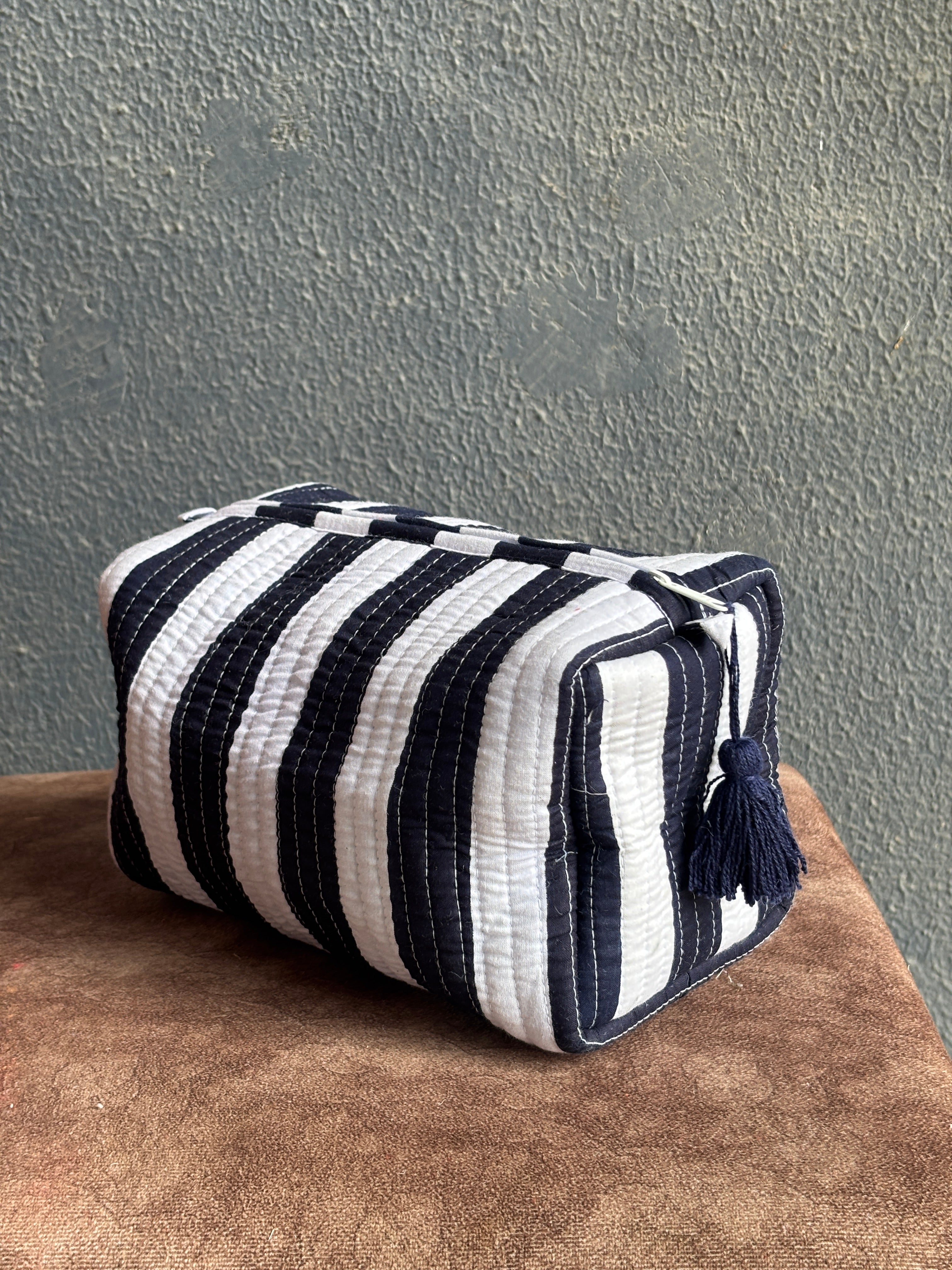 Navy Stripe Quilted Pouch Set (Set of 3)