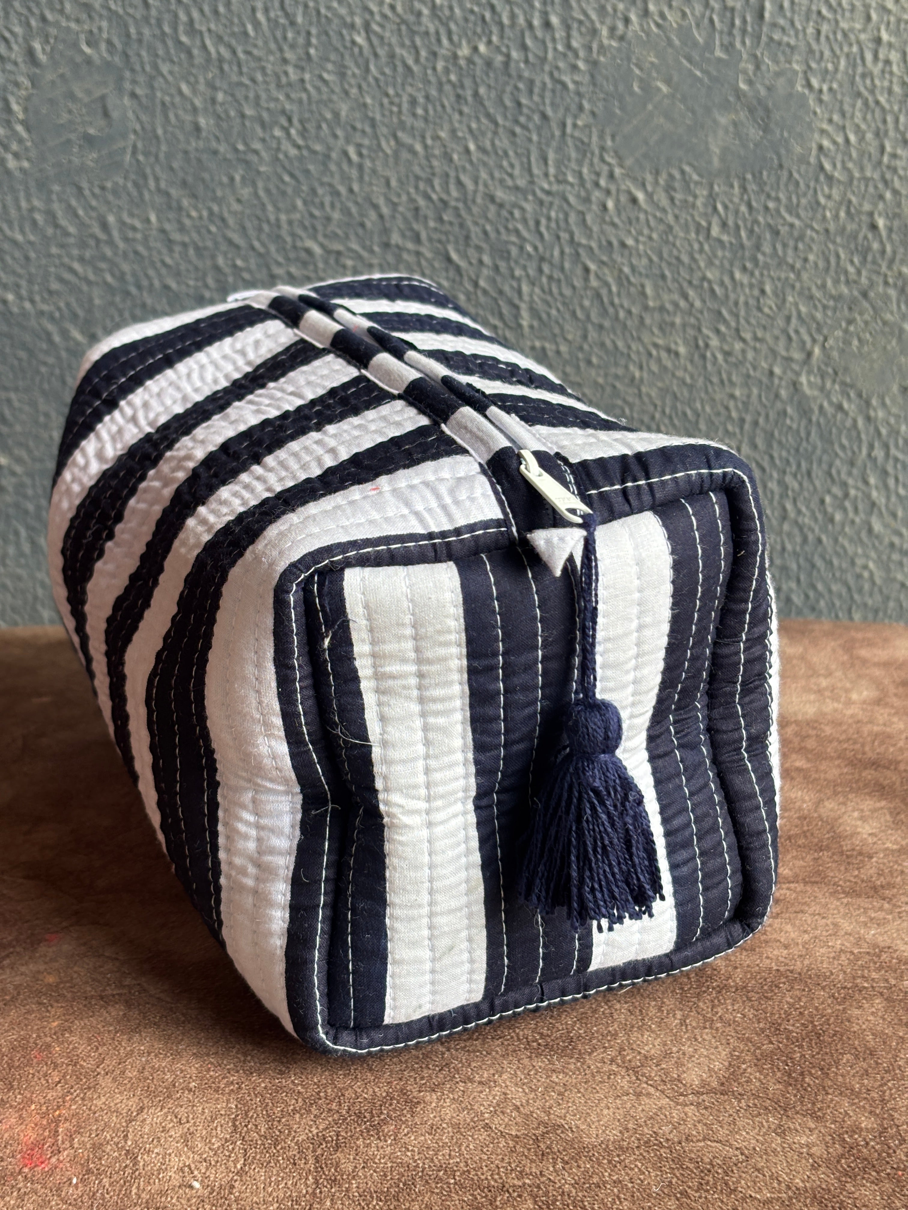 Navy Stripe Quilted Pouch Set (Set of 3)