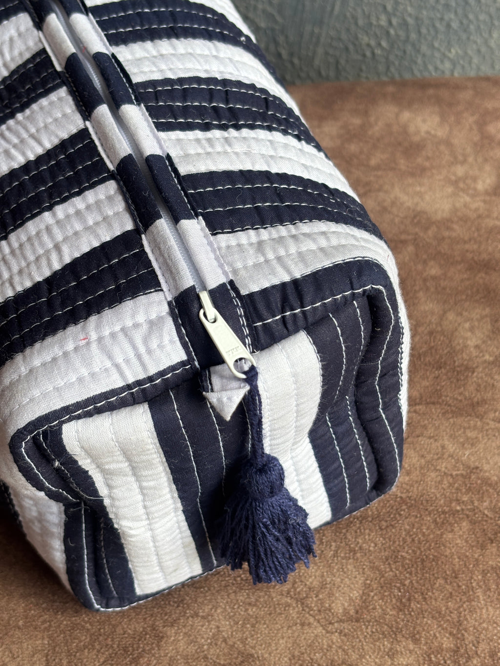 Navy Stripe Quilted Pouch Set (Set of 3)