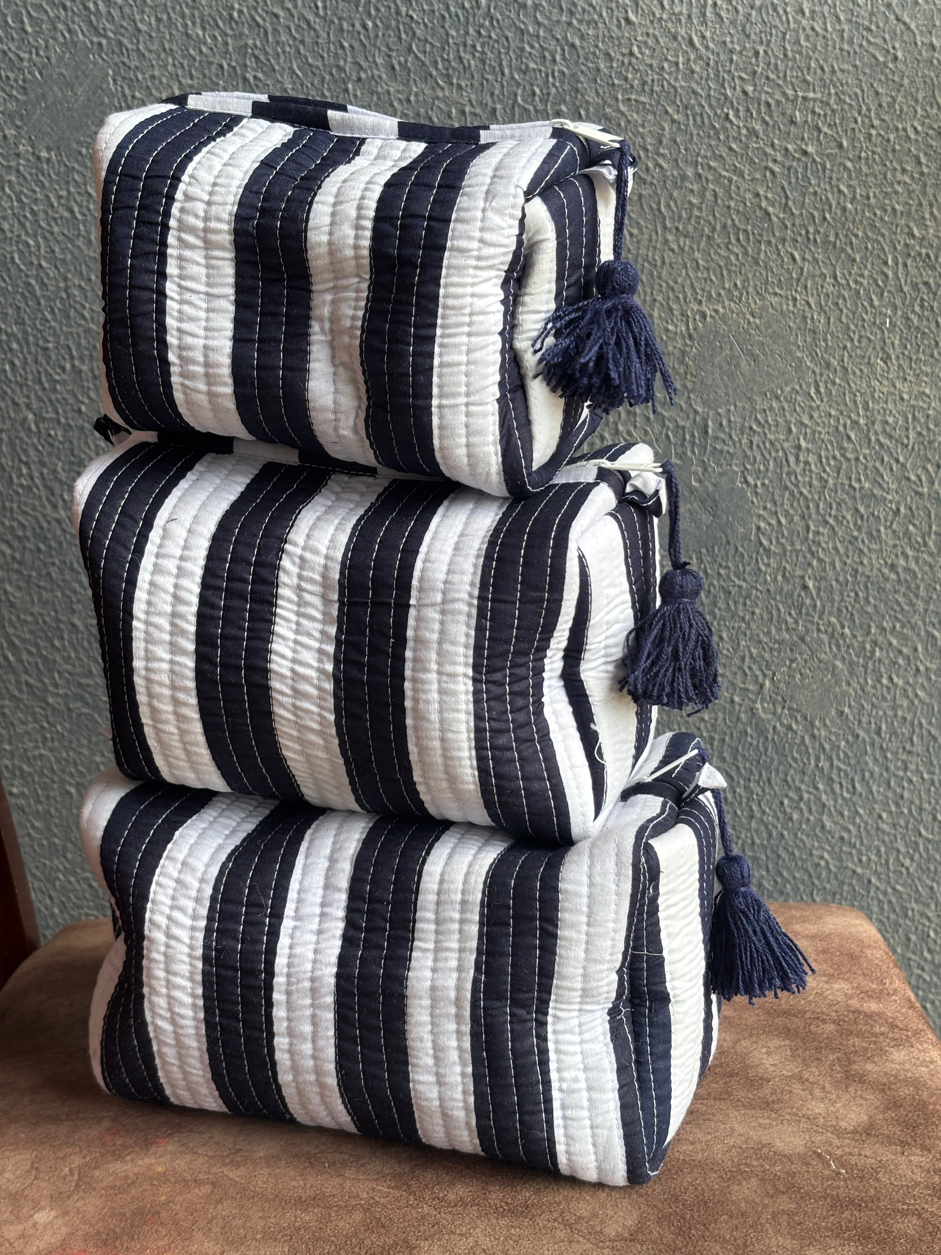 Navy Stripe Quilted Pouch Set (Set of 3)