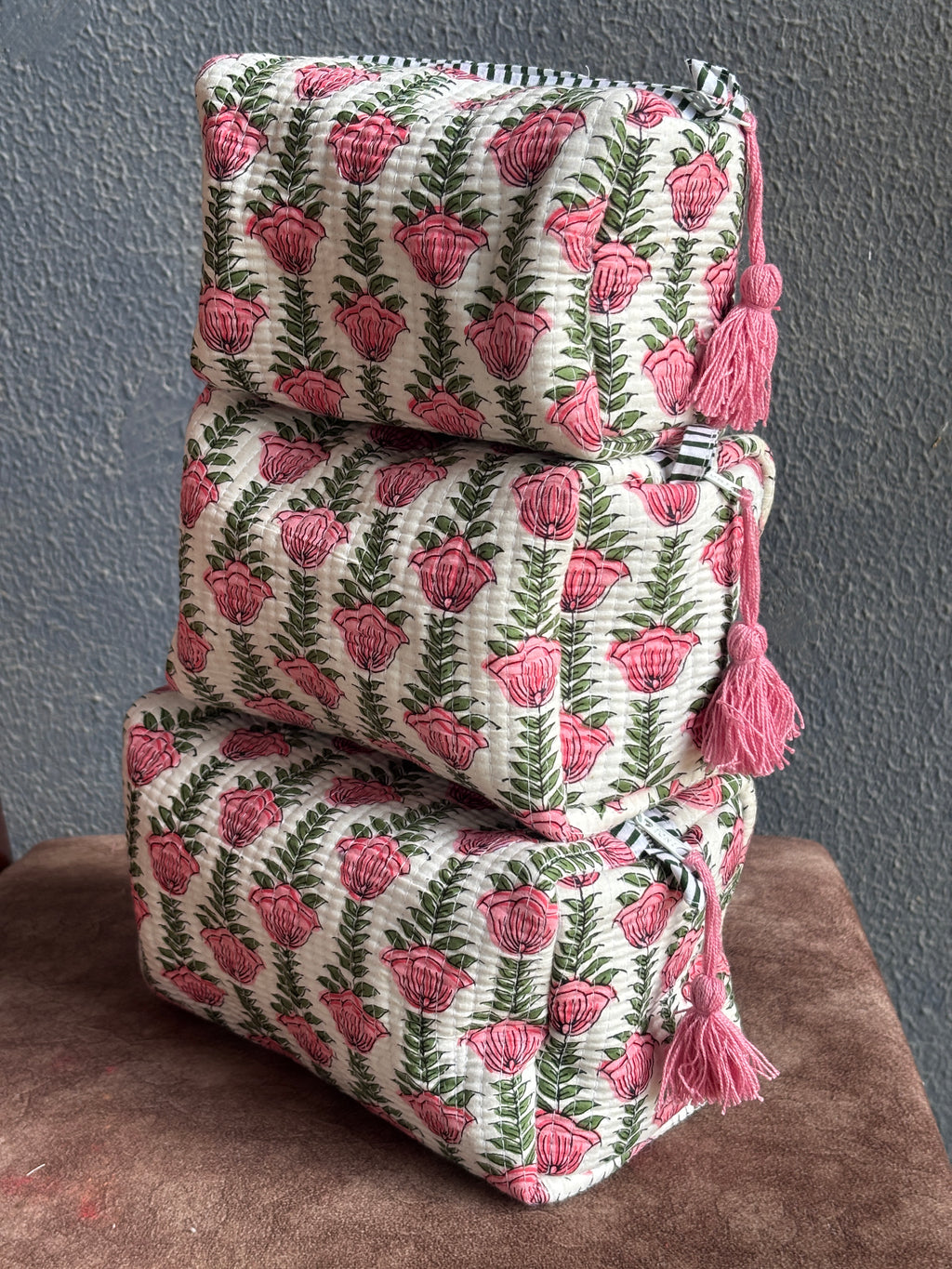 Blush Tulip Vine Quilted Pouch (Set of 3)