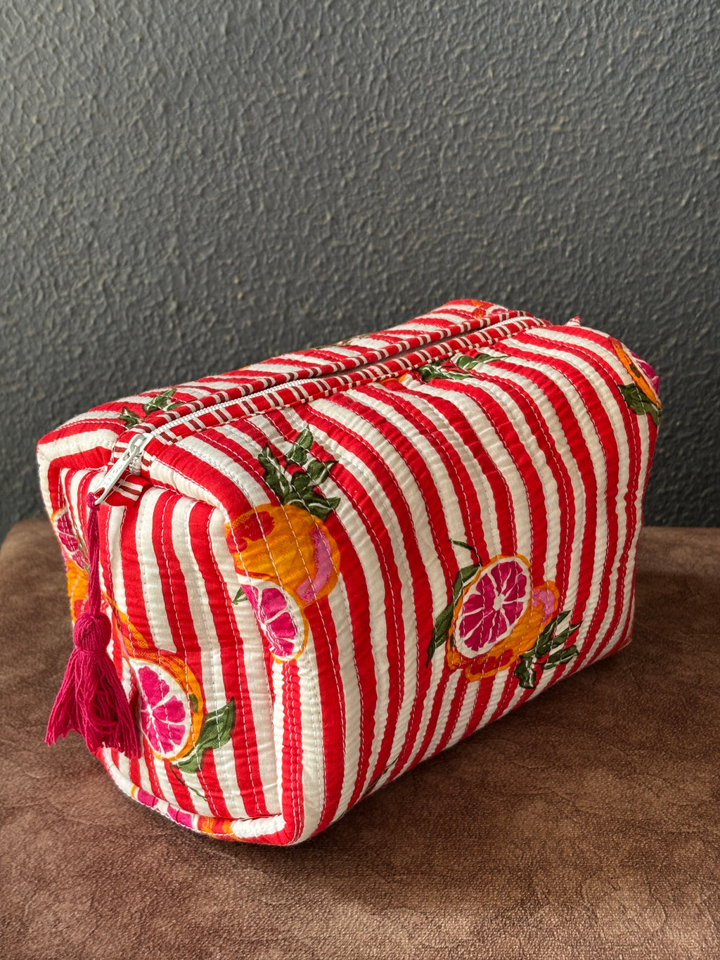 Lemon Stripe Quilted Pouch Set (Set of 3)