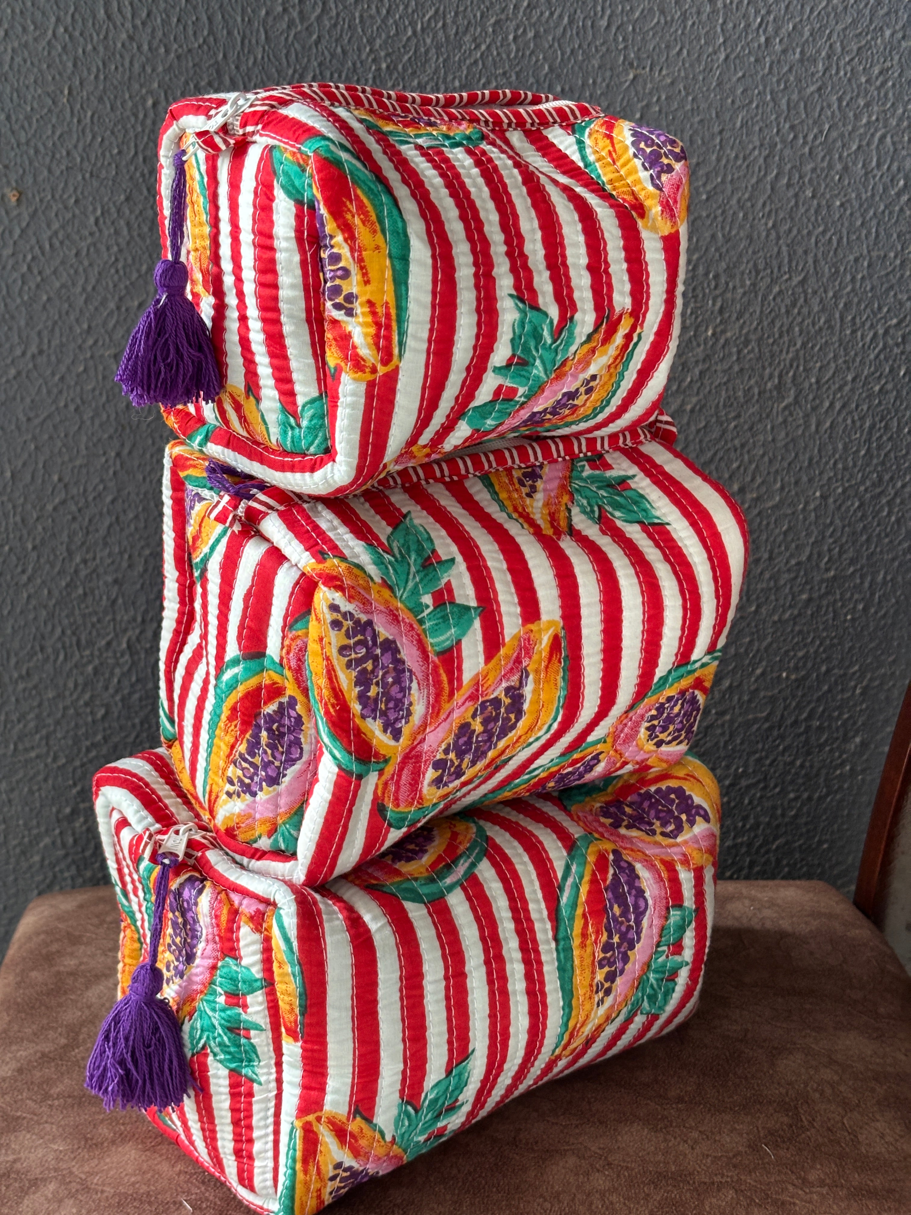 Papaya Stripe Quilted Pouch Set (Set of 3)