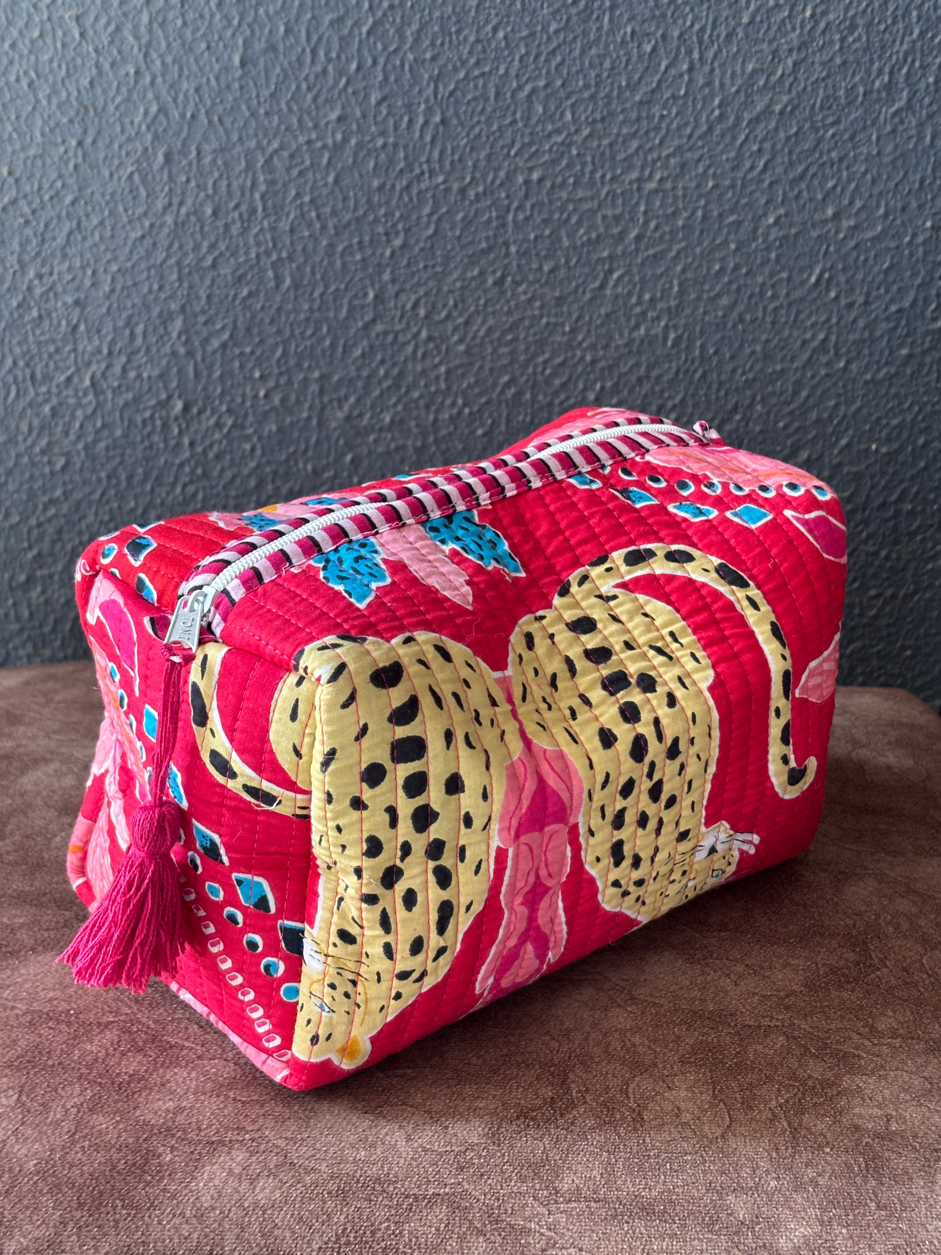 Crimson Leopard Block-Print Quilted Pouch Set (Set of 3)