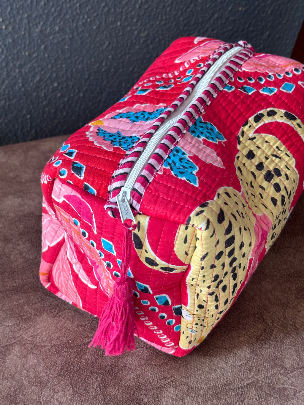 Crimson Leopard Block-Print Quilted Pouch Set (Set of 3)