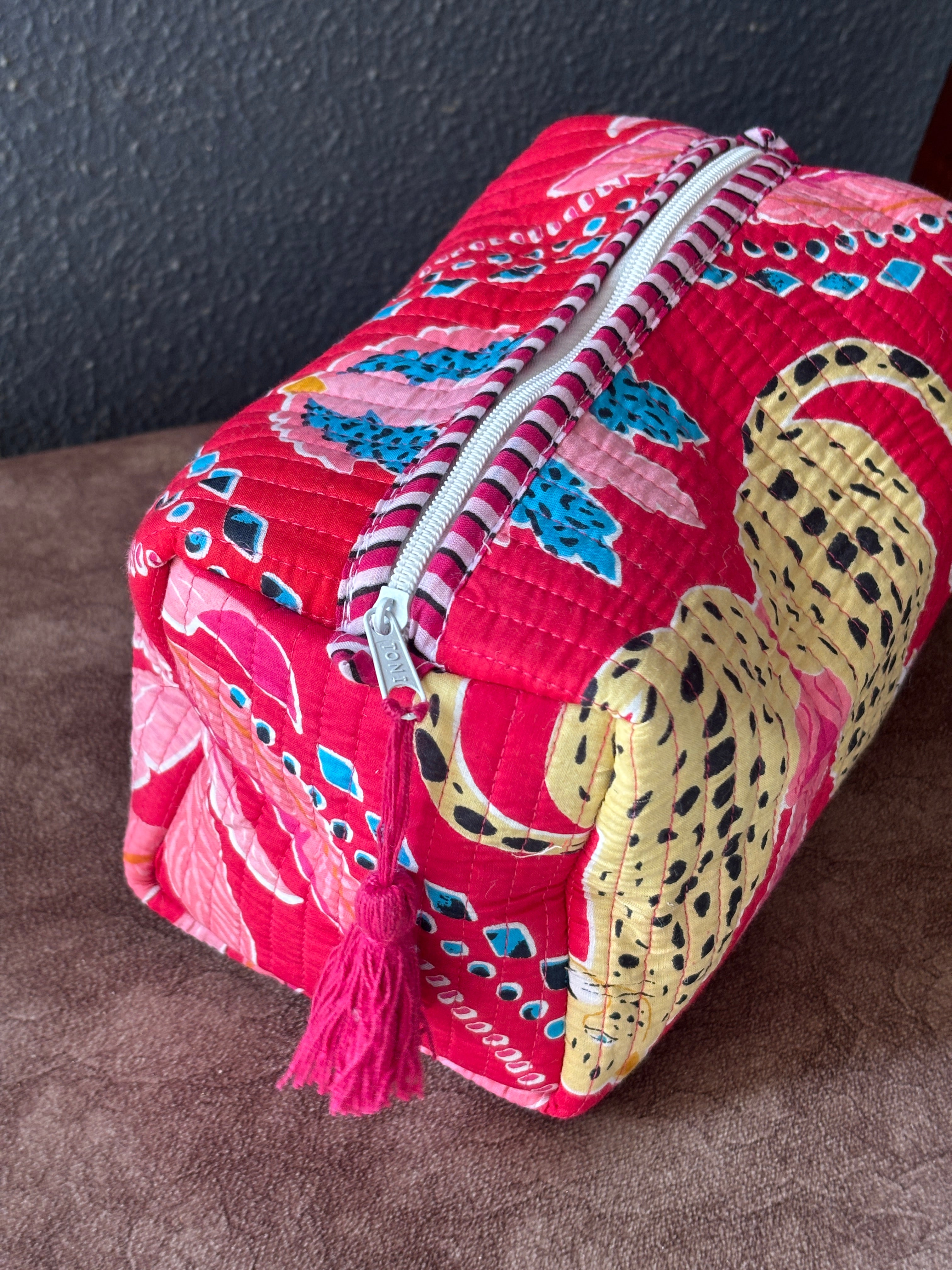 Crimson Leopard Block-Print Quilted Pouch Set (Set of 3)