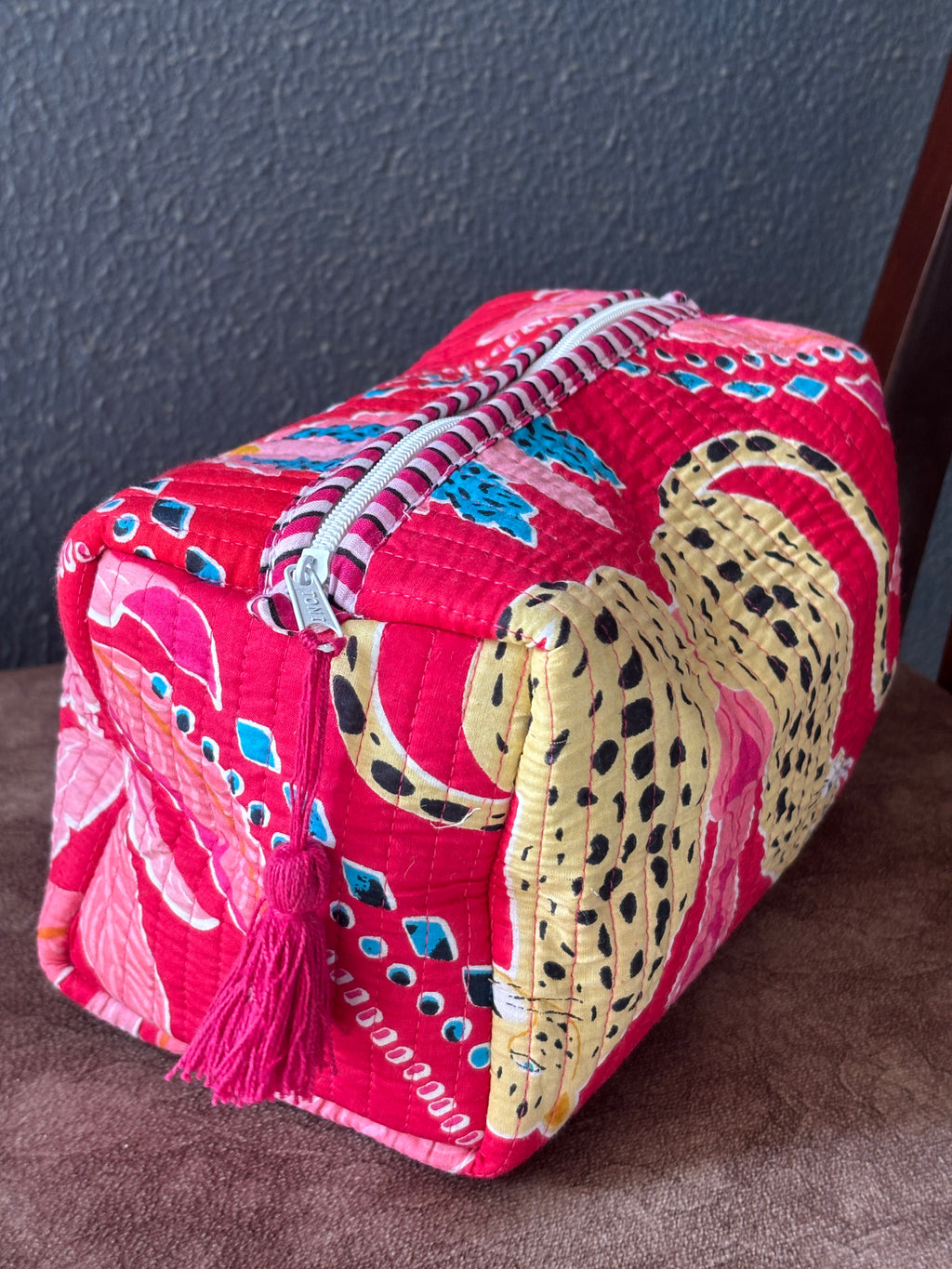Crimson Leopard Block-Print Quilted Pouch Set (Set of 3)