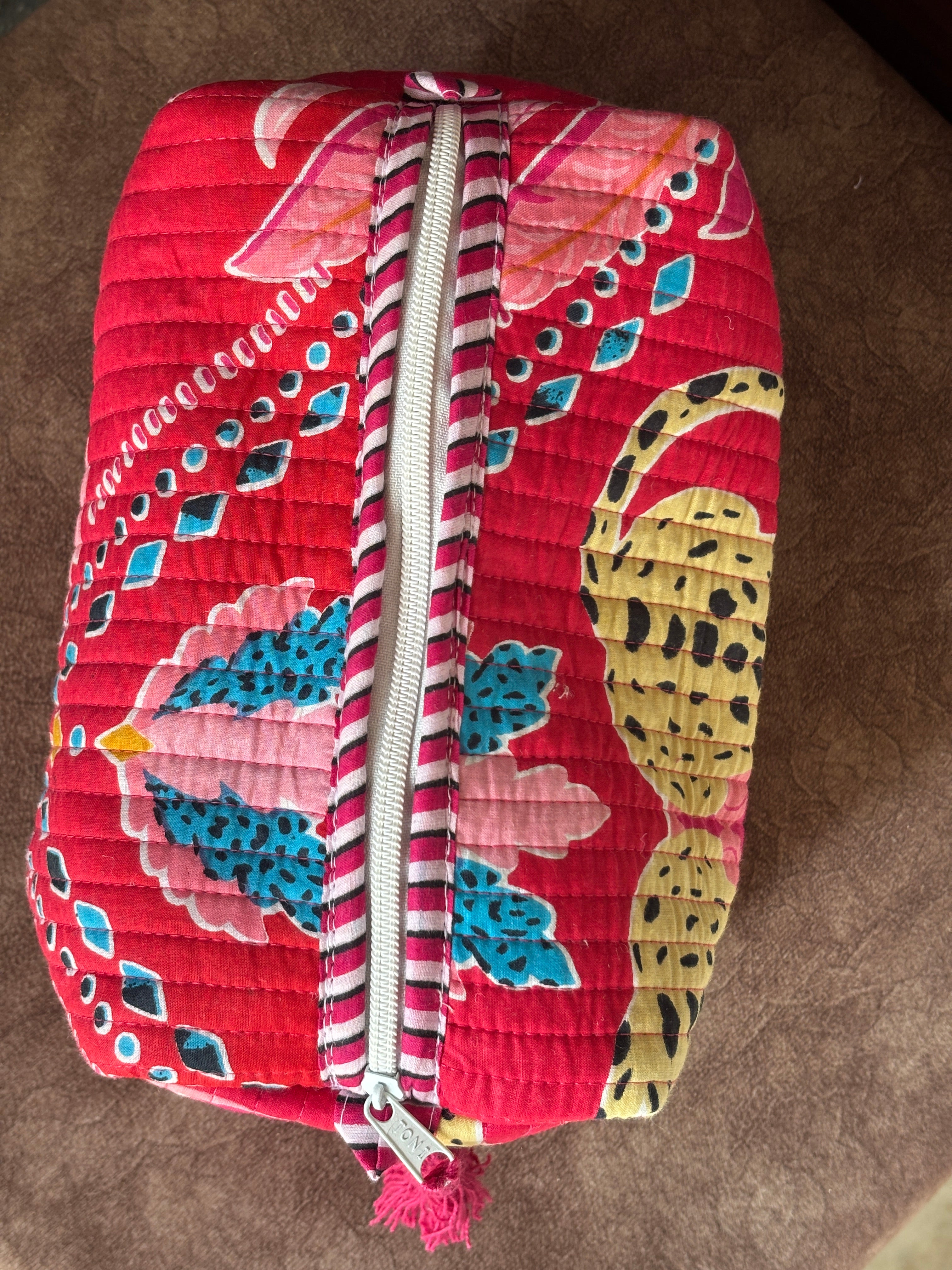 Crimson Leopard Block-Print Quilted Pouch Set (Set of 3)