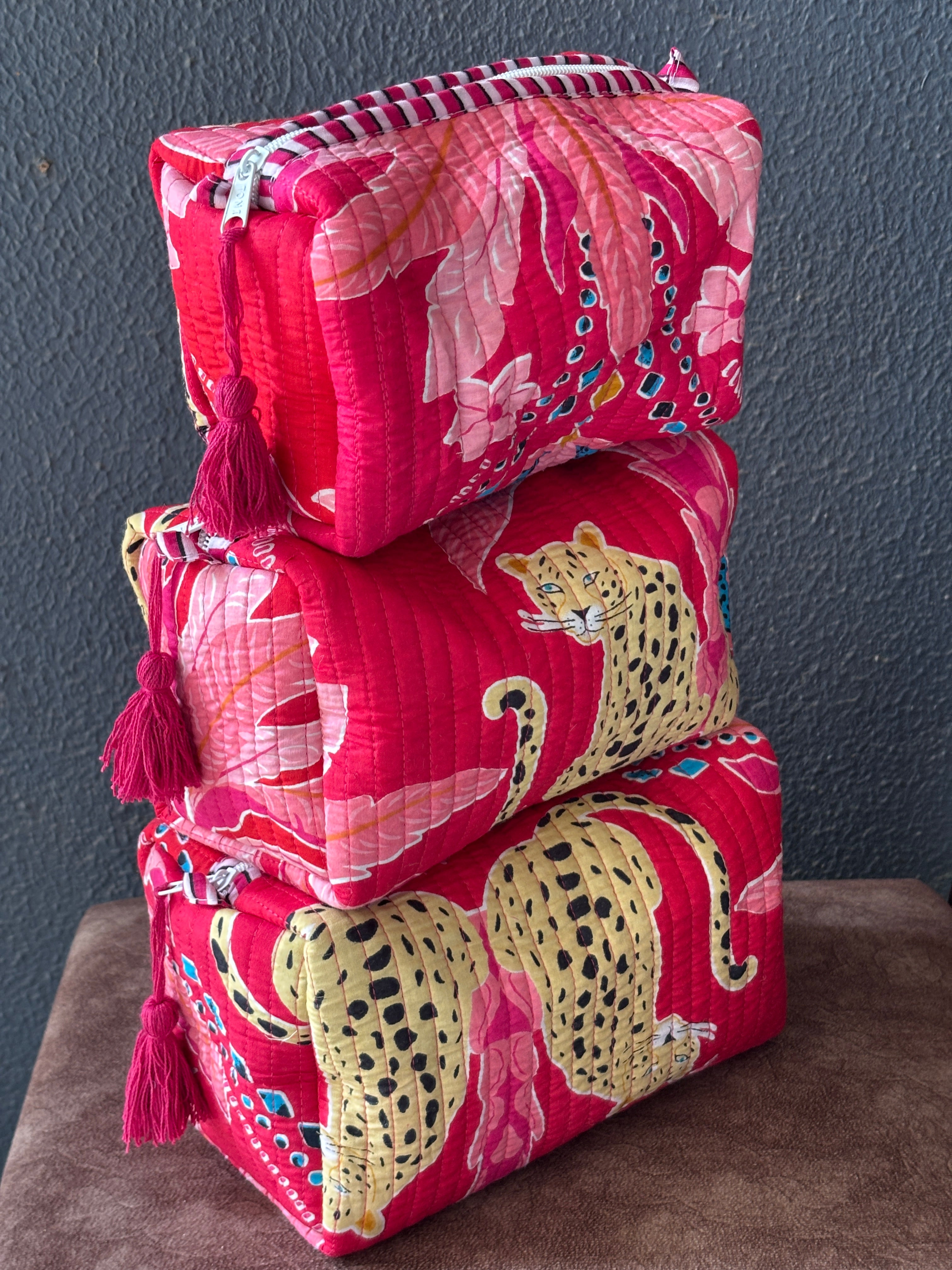 Crimson Leopard Block-Print Quilted Pouch Set (Set of 3)
