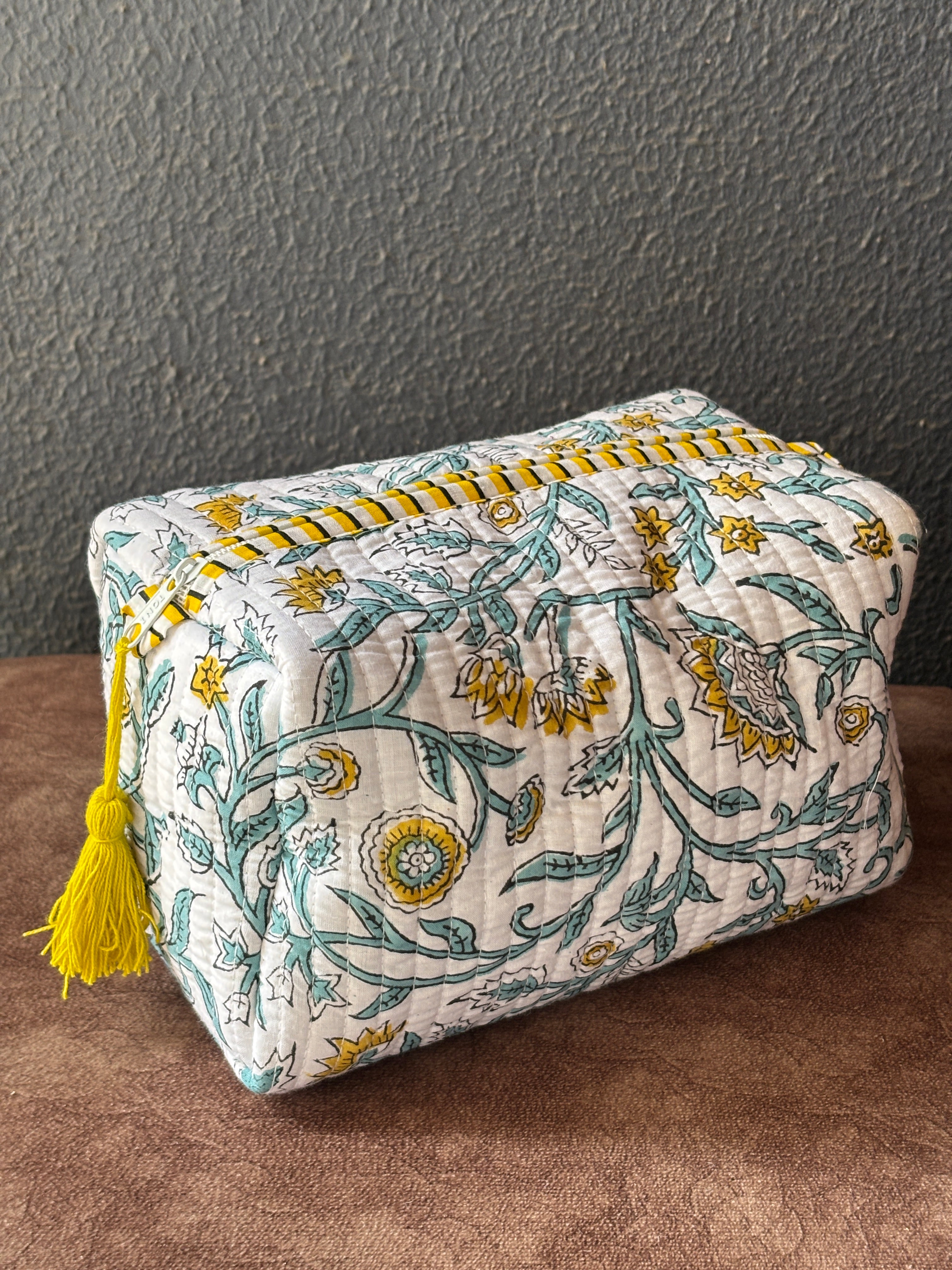 Marigold Vine Block-Print Quilted Pouch Set (Set of 3)