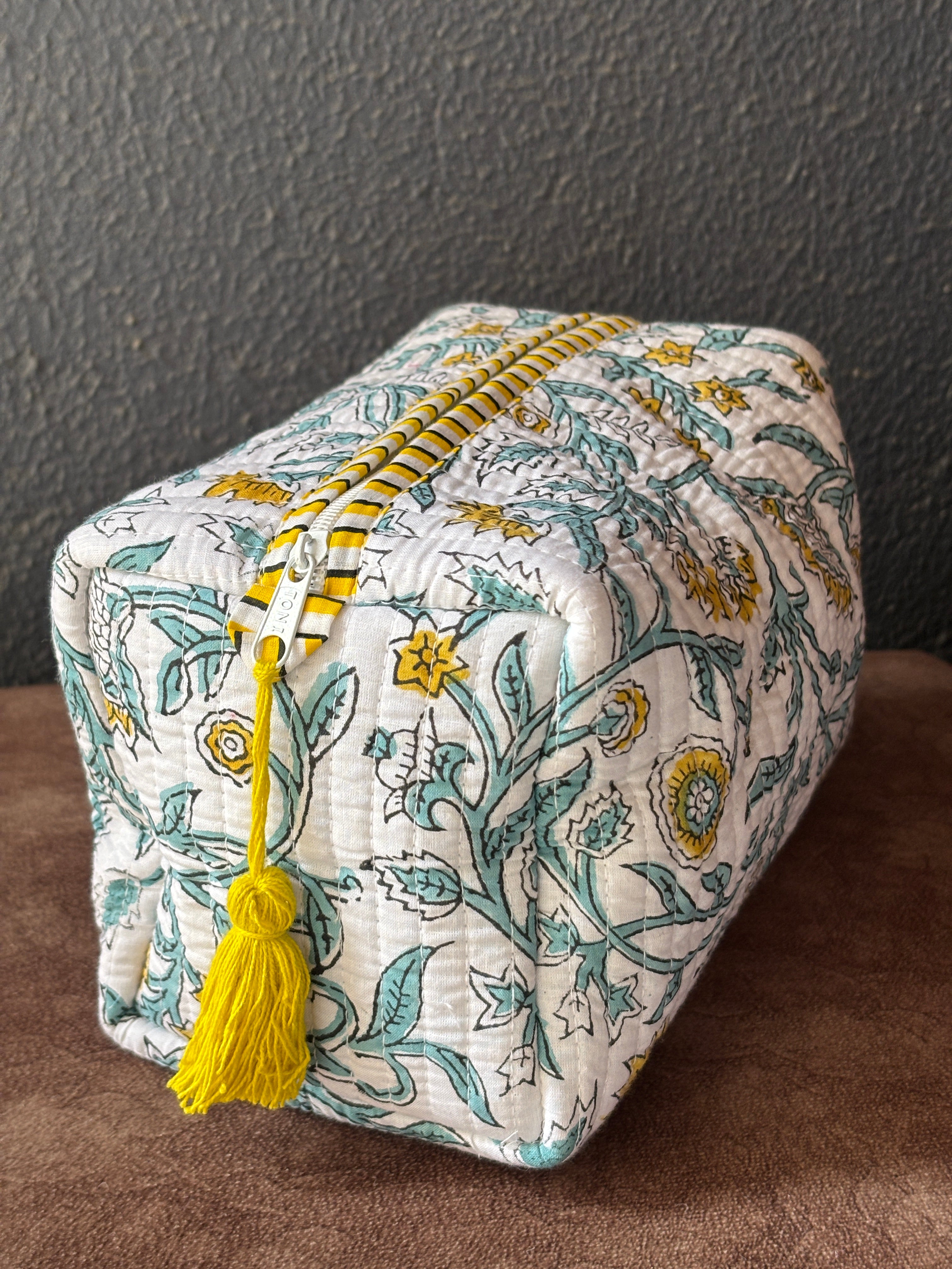 Marigold Vine Block-Print Quilted Pouch Set (Set of 3)