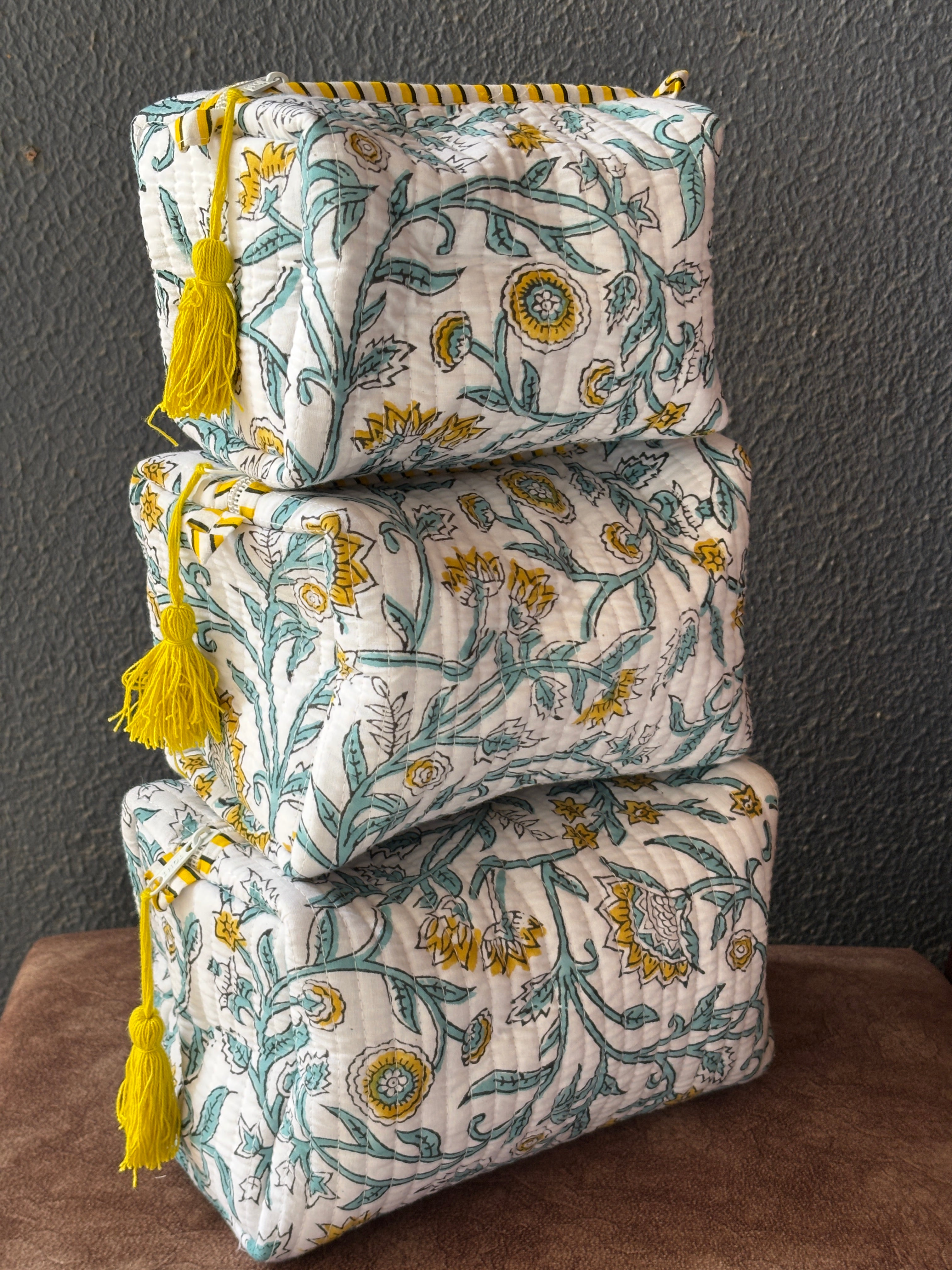 Marigold Vine Block-Print Quilted Pouch Set (Set of 3)