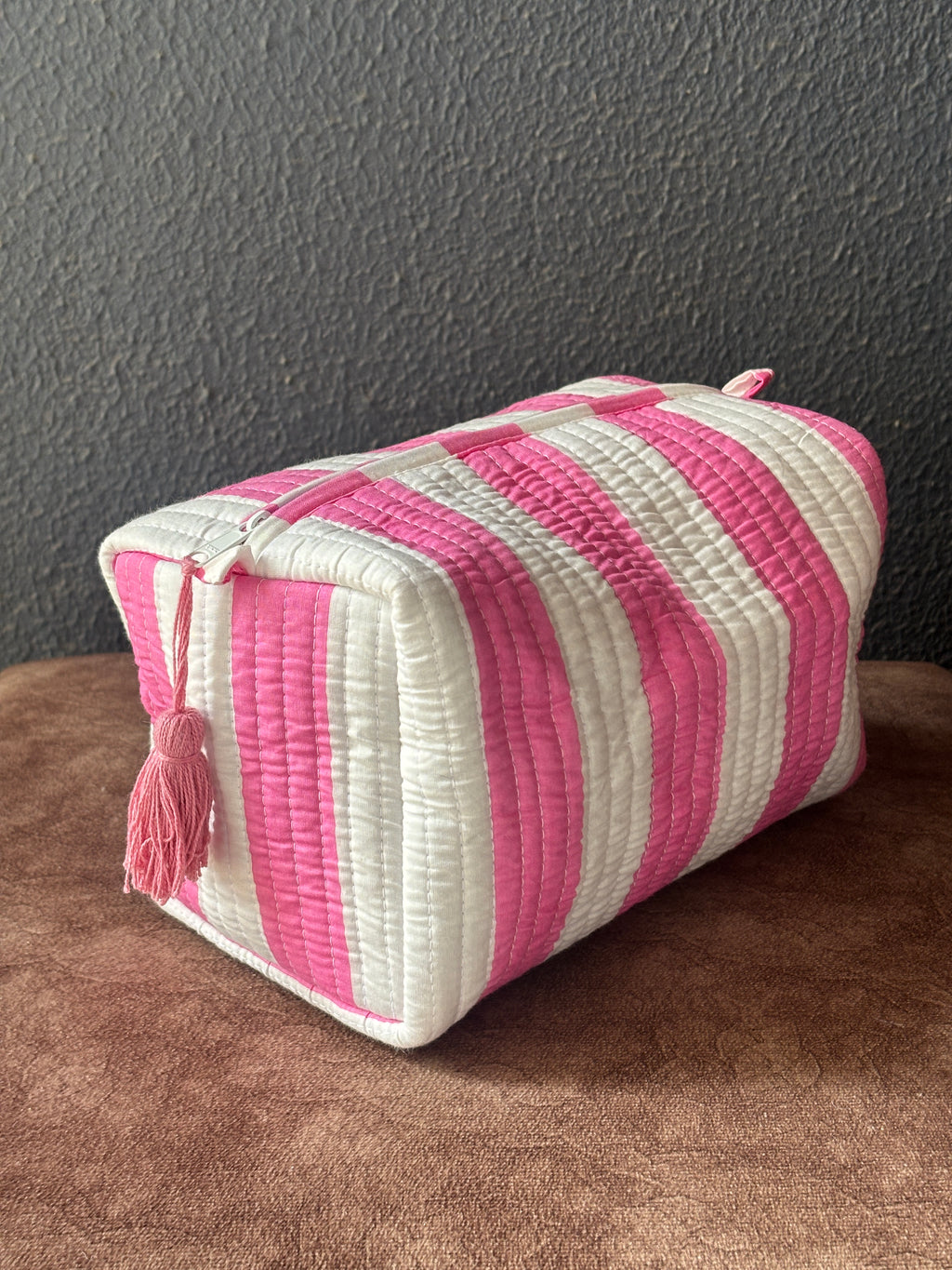 Rosy Stripe Block-Print Quilted Pouch (Set of 3)