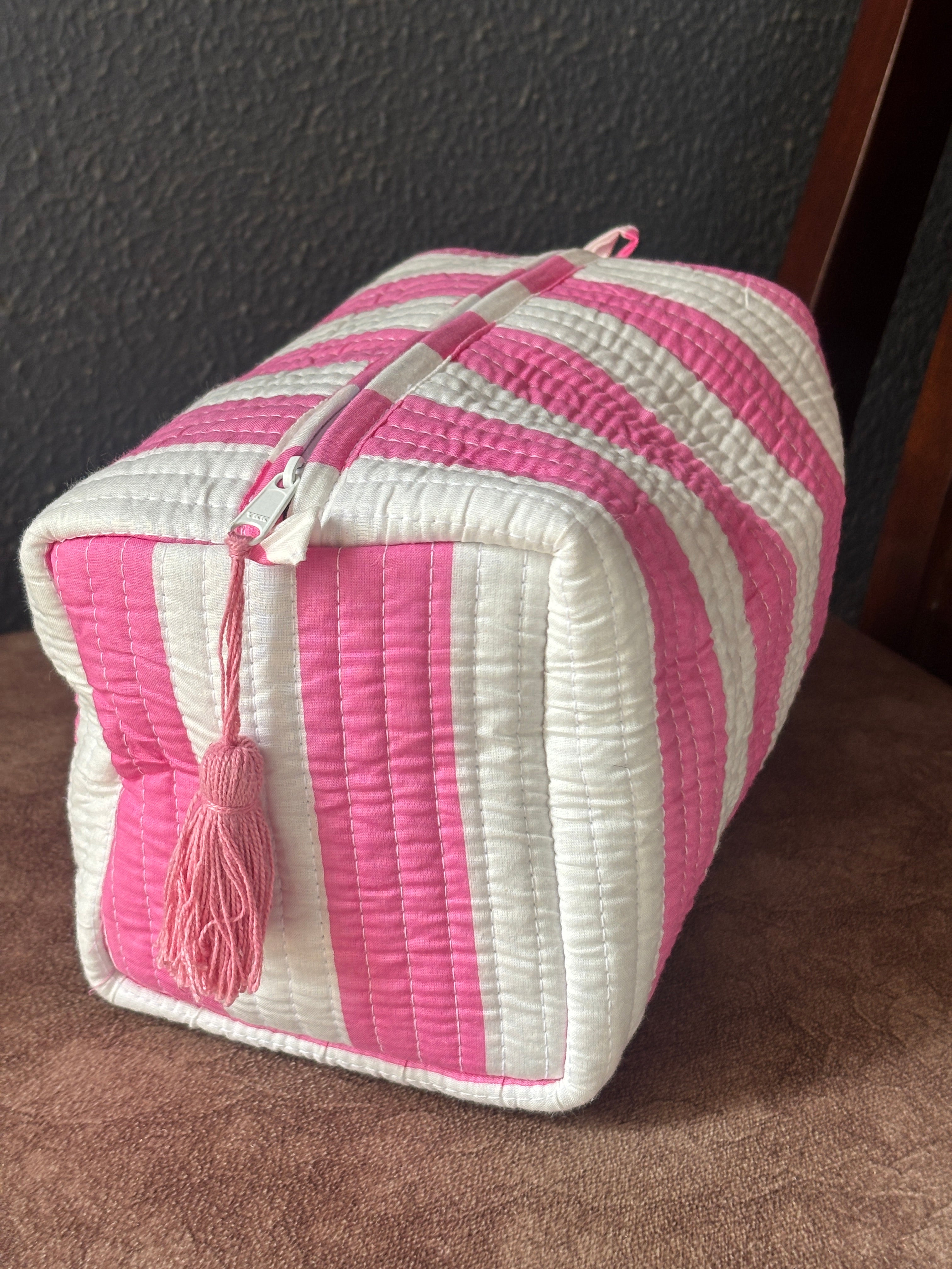 Rosy Stripe Block-Print Quilted Pouch (Set of 3)