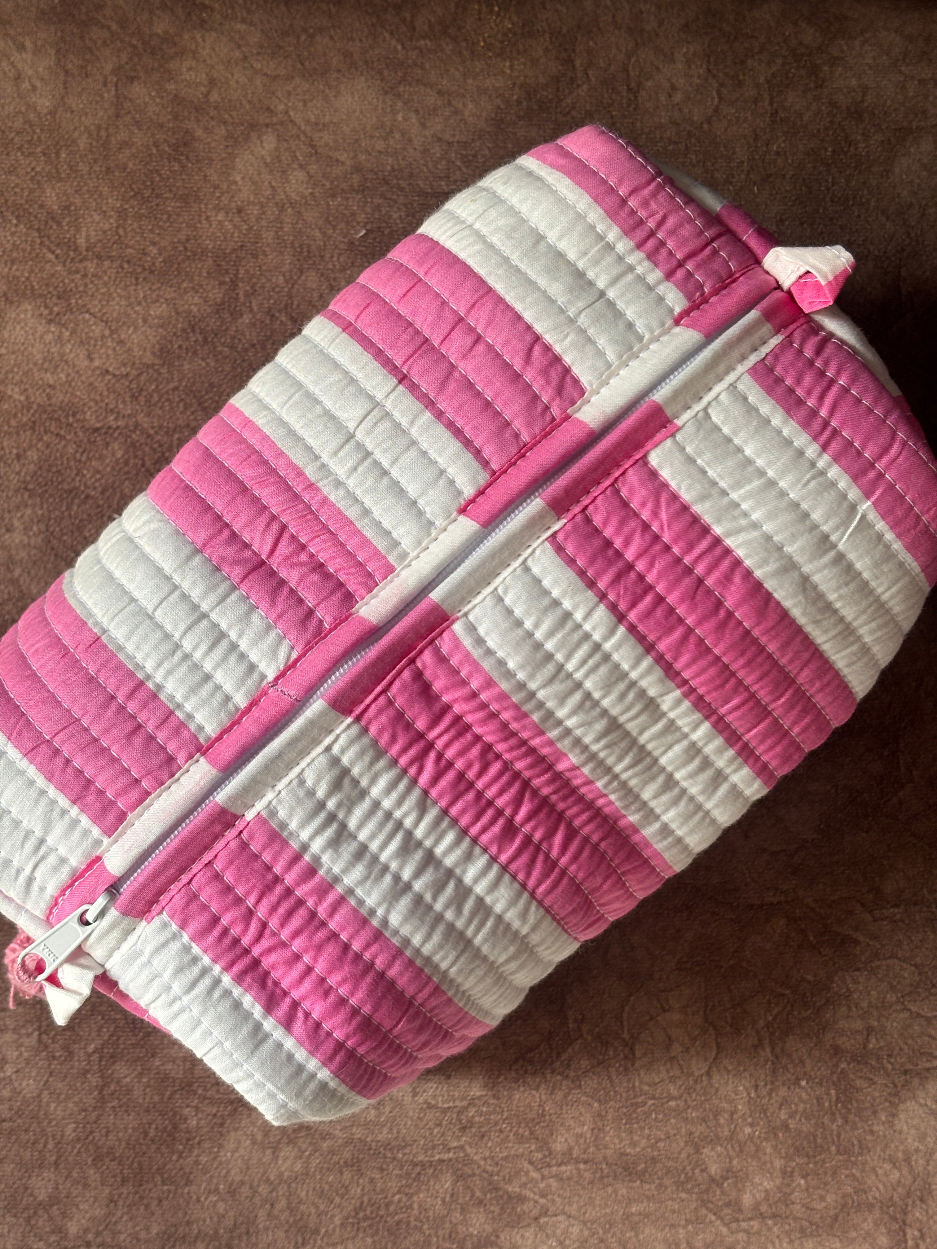 Rosy Stripe Block-Print Quilted Pouch (Set of 3)