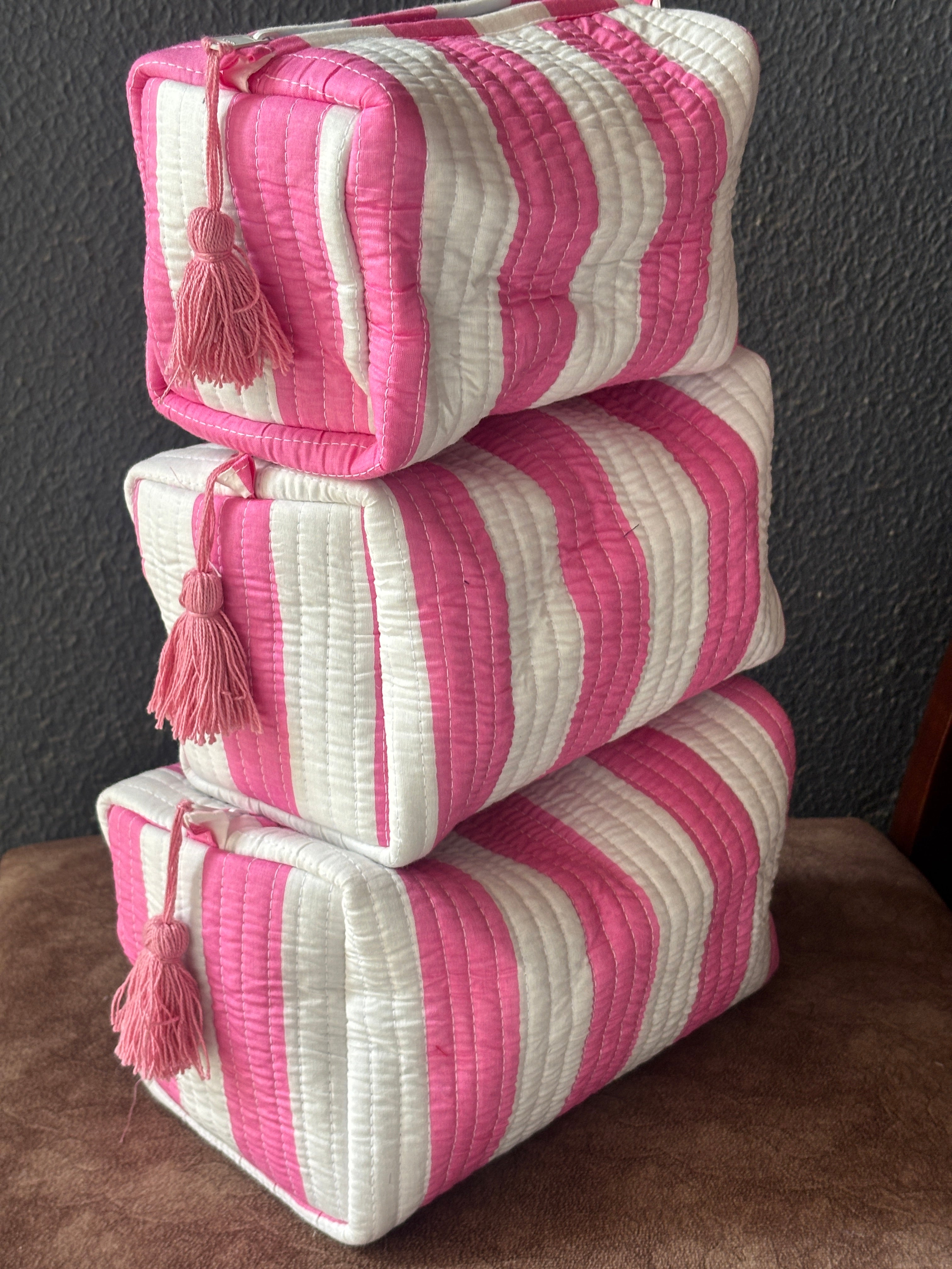 Rosy Stripe Block-Print Quilted Pouch (Set of 3)