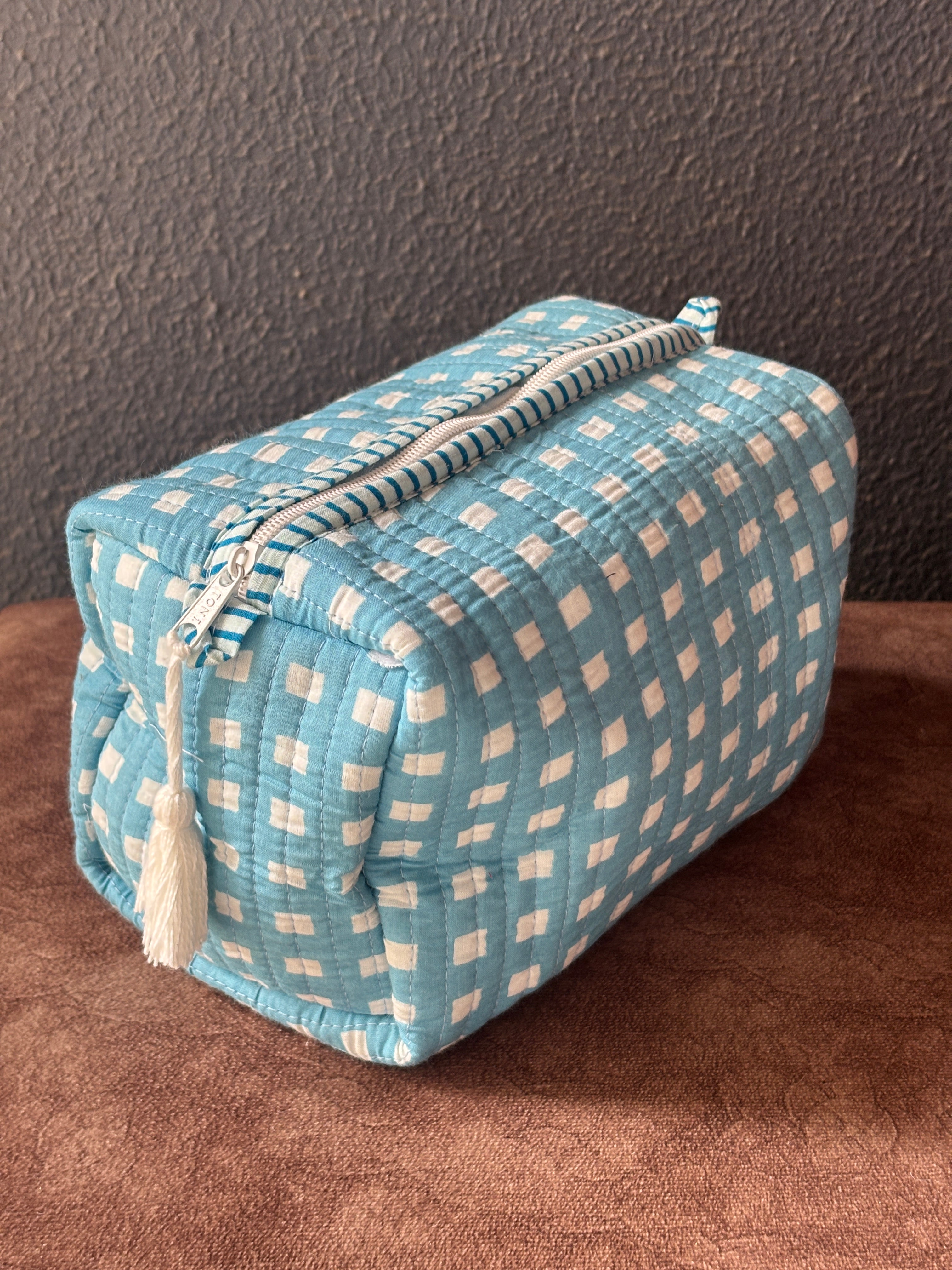 Sky Blue Checker Quilted Pouch (Set of 3)