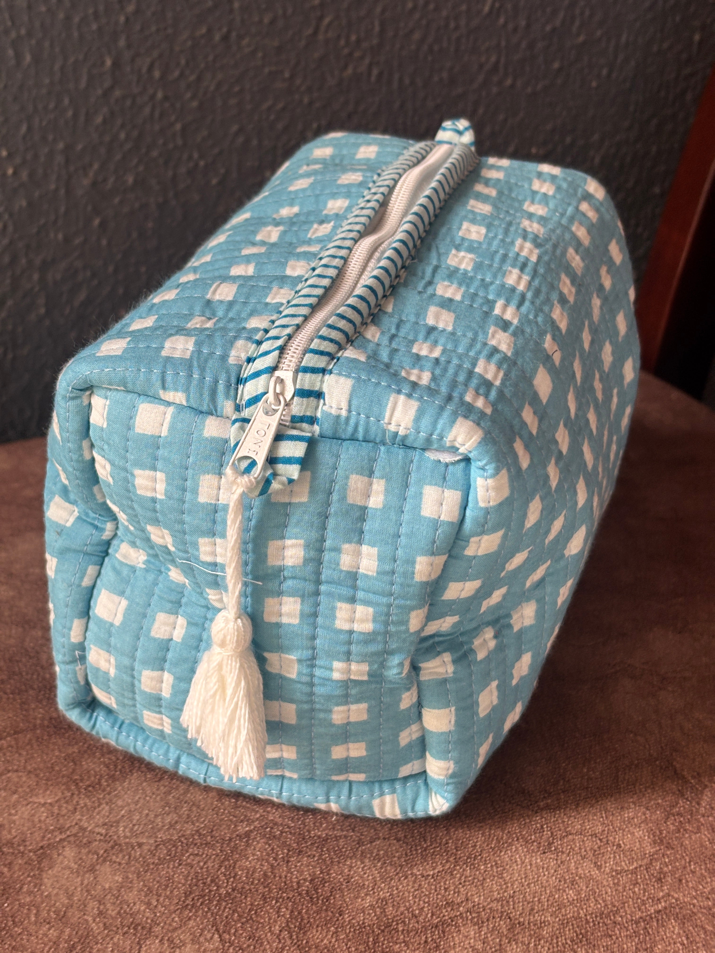 Sky Blue Checker Quilted Pouch (Set of 3)