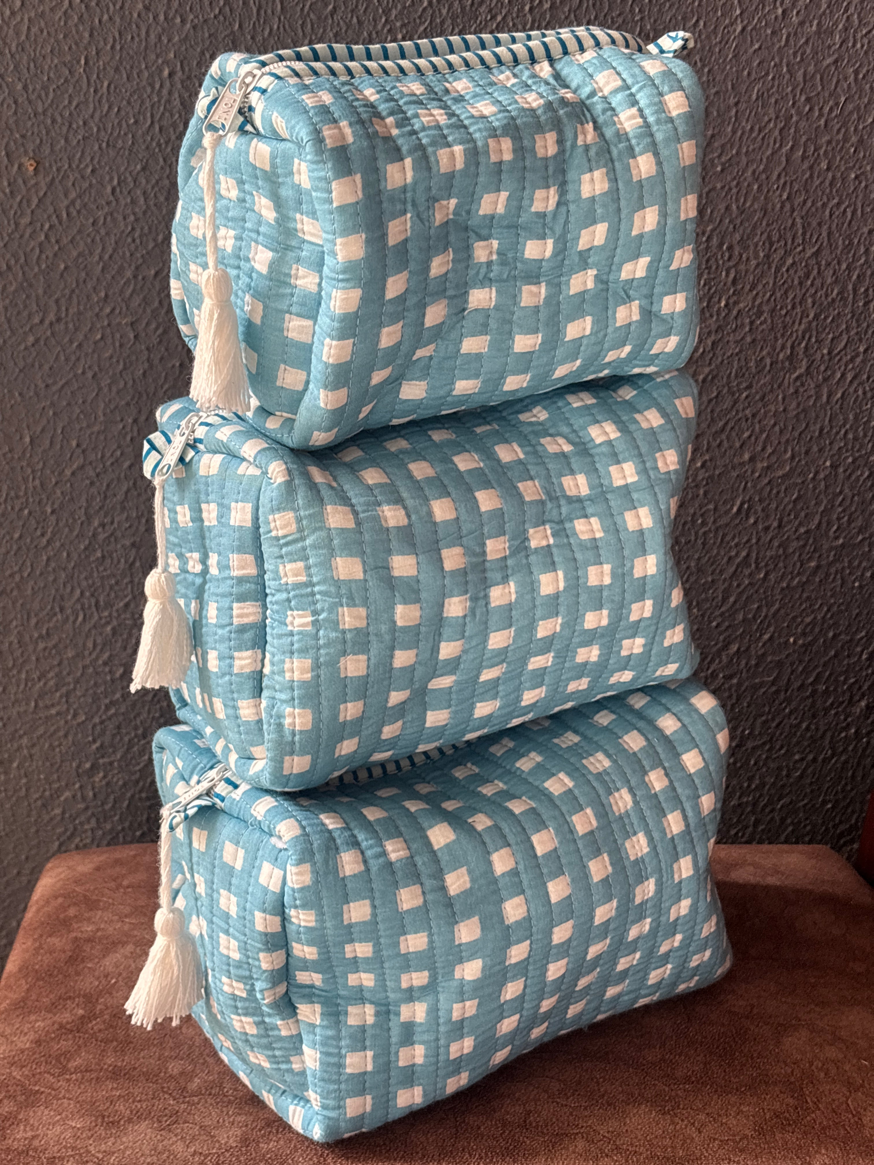 Sky Blue Checker Quilted Pouch (Set of 3)