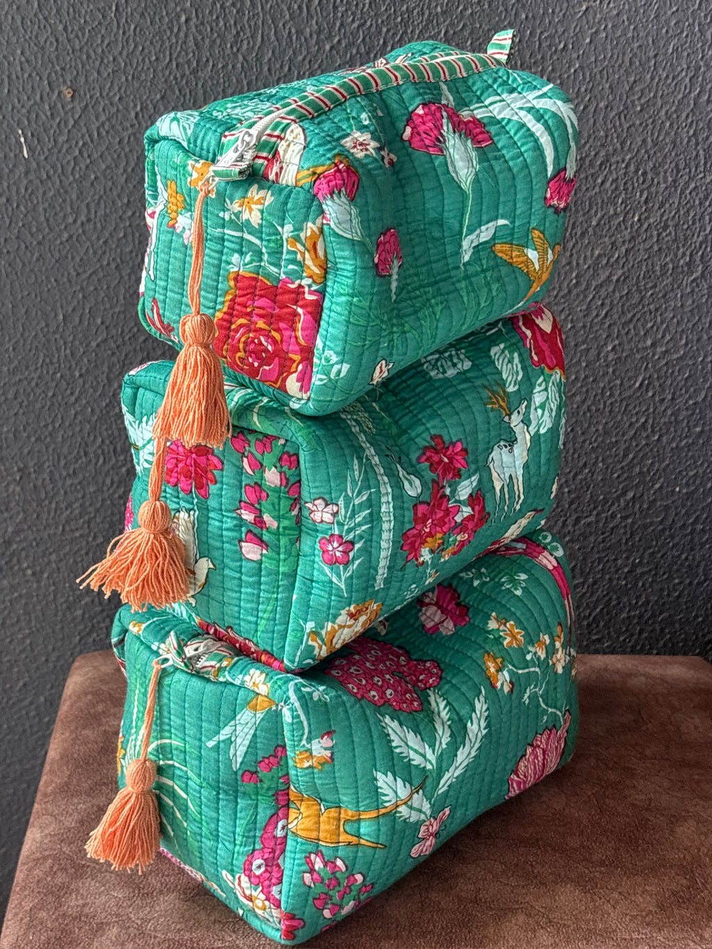 Emerald Garden Bird Quilted Pouch (Set of 3)
