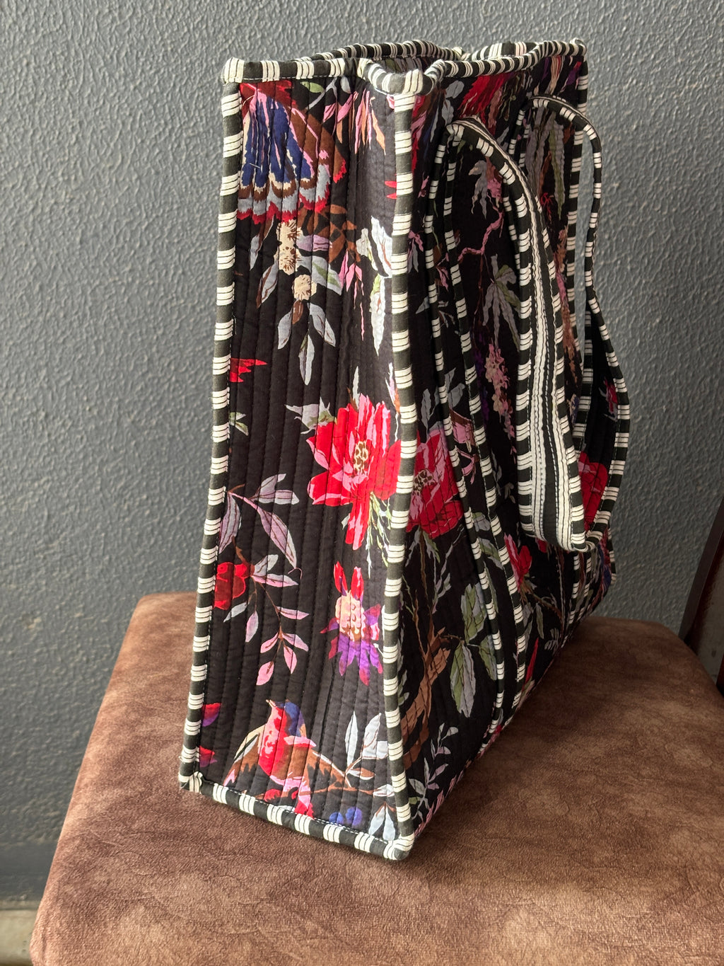 Black Floral Bird Print Quilted Tote Bag