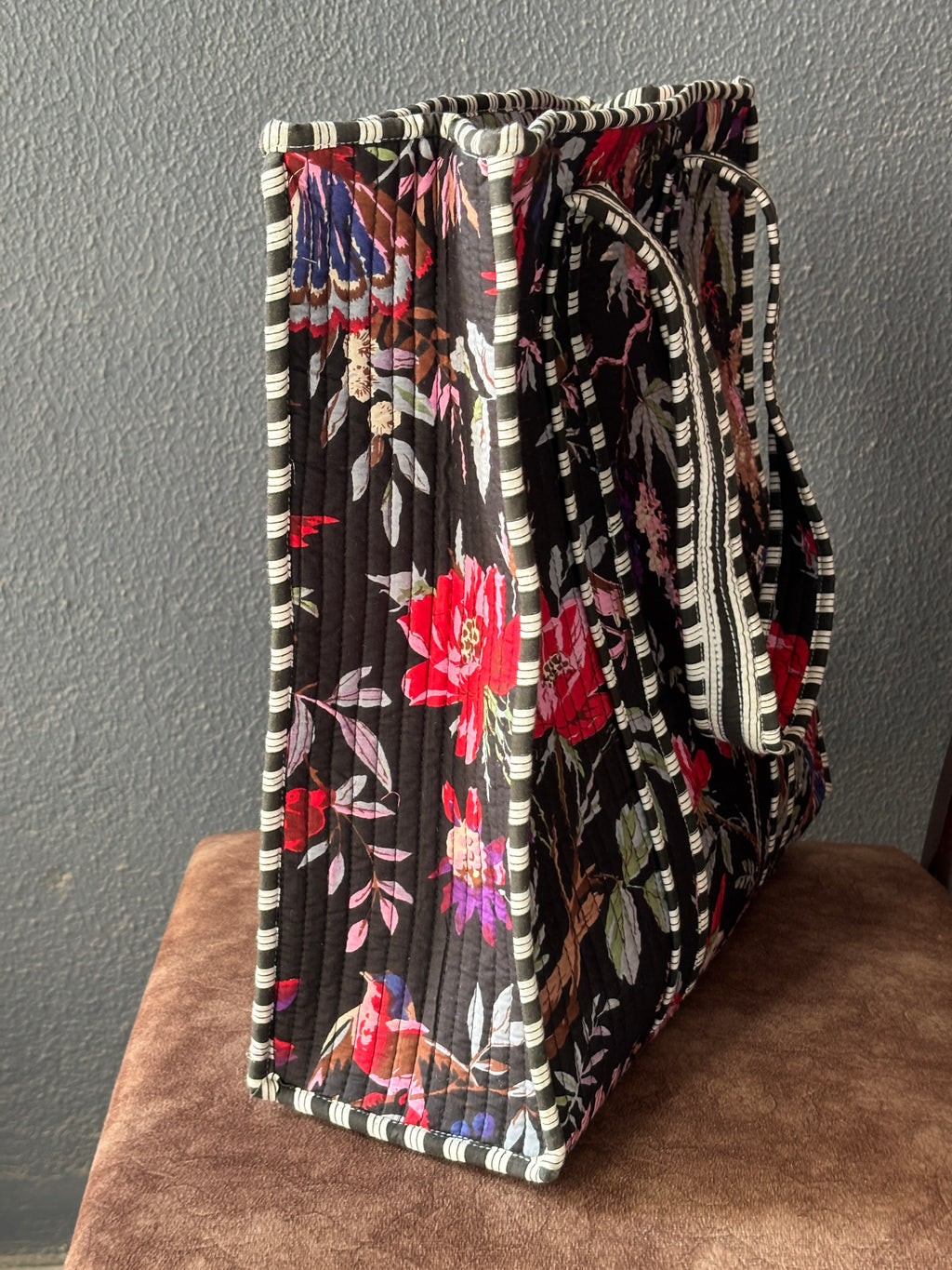 Black Floral Bird Print Quilted Tote Bag