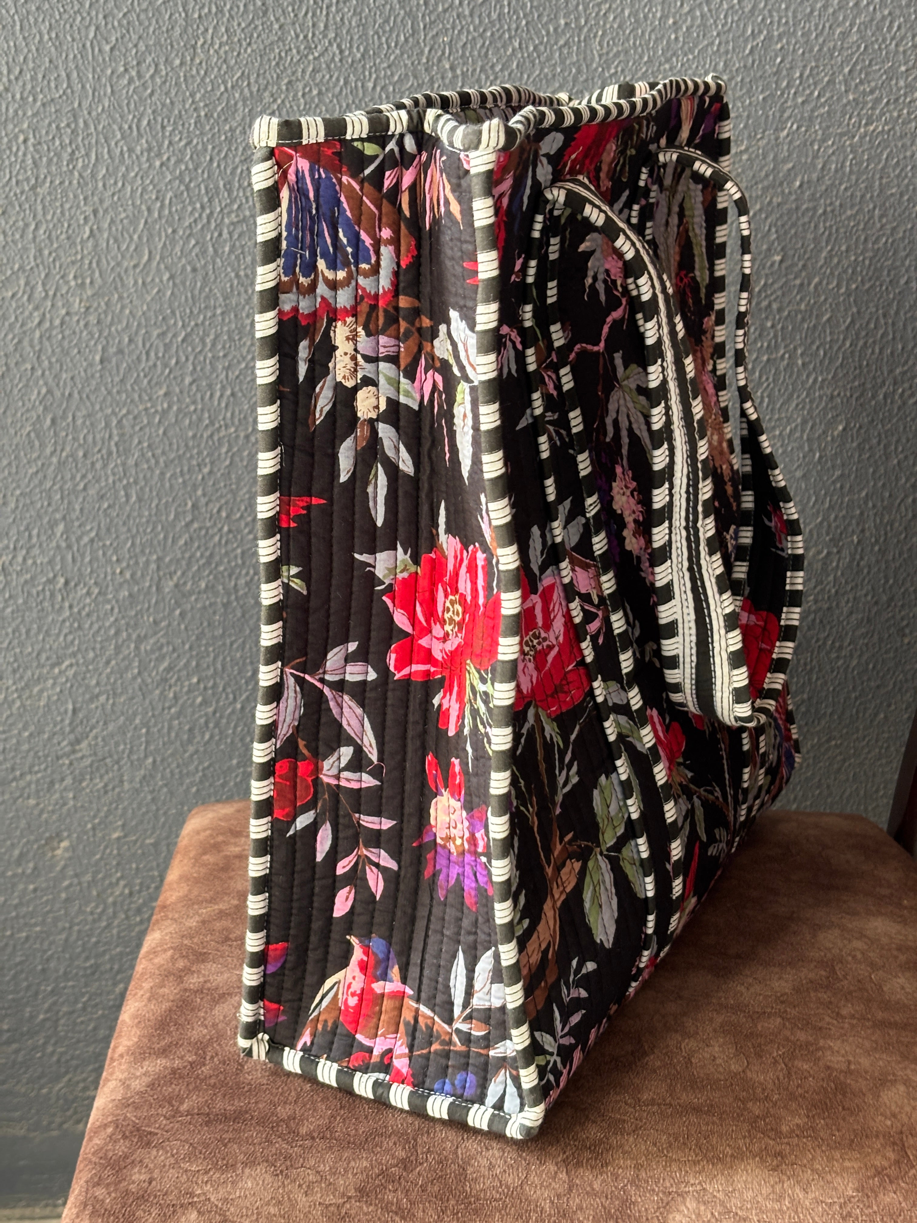 Black Floral Bird Print Quilted Tote Bag