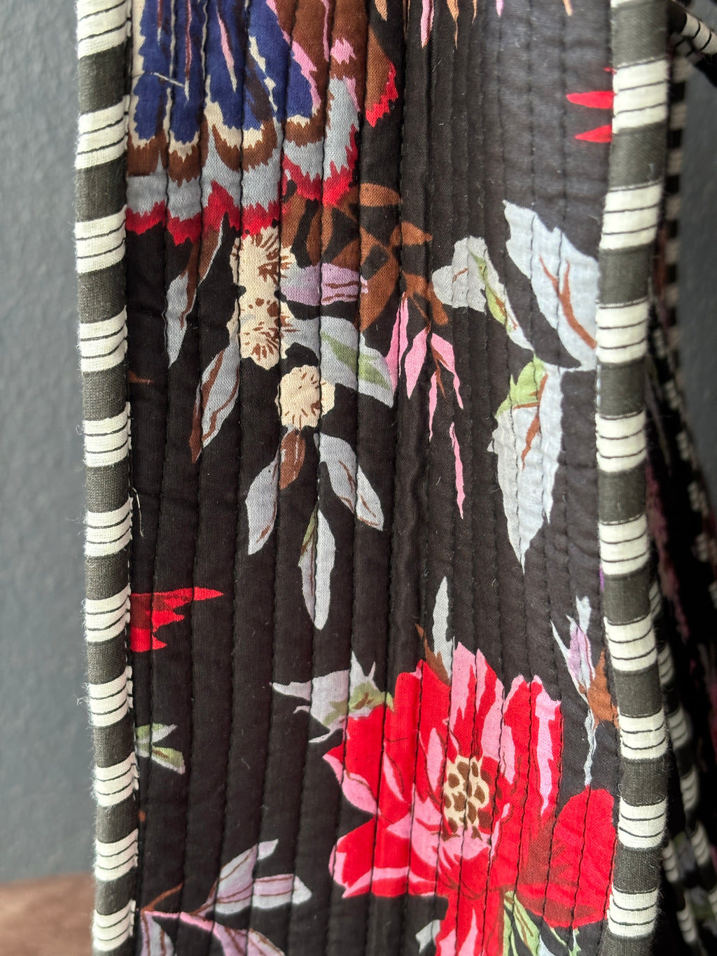 Black Floral Bird Print Quilted Tote Bag