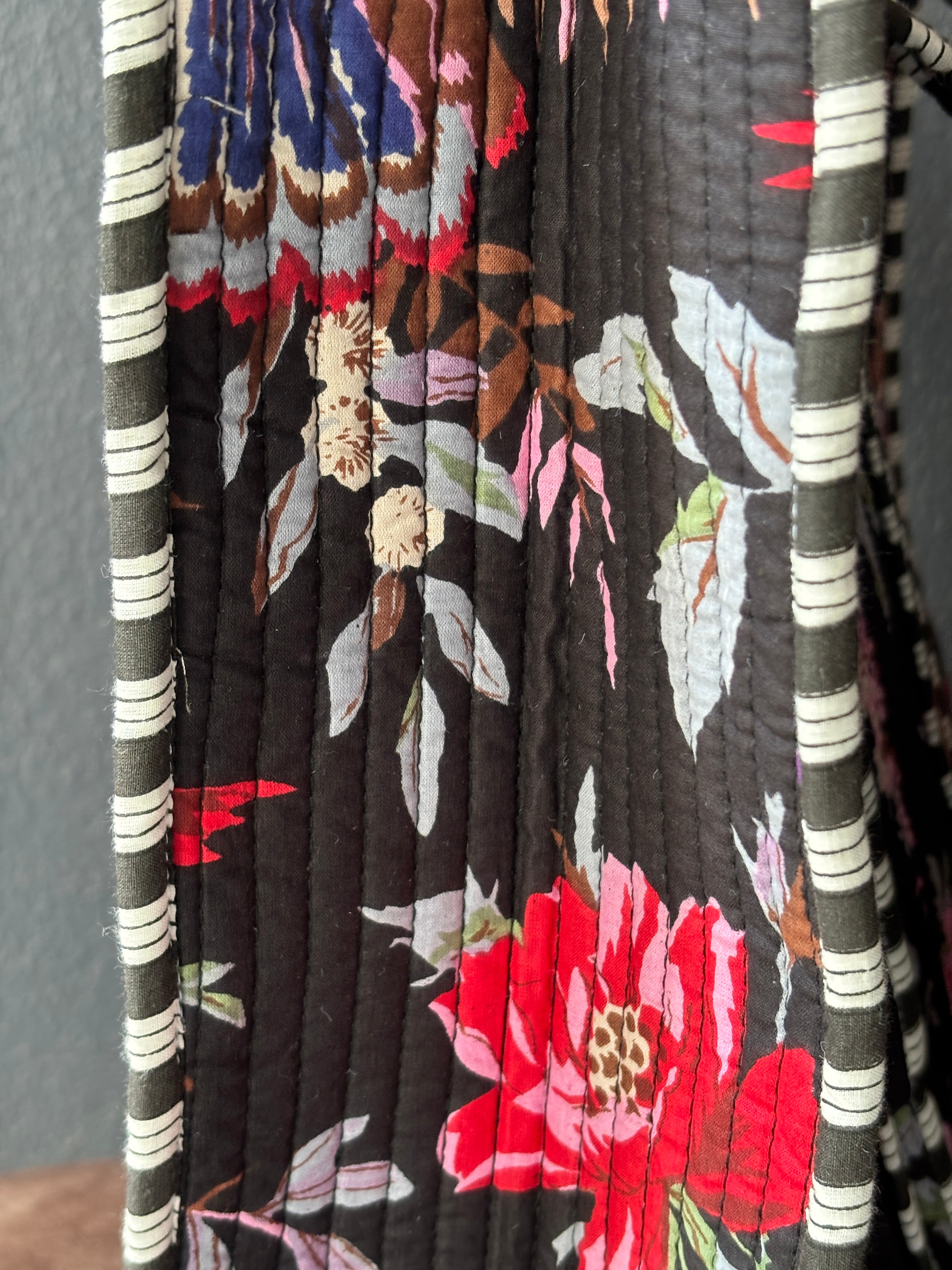 Black Floral Bird Print Quilted Tote Bag