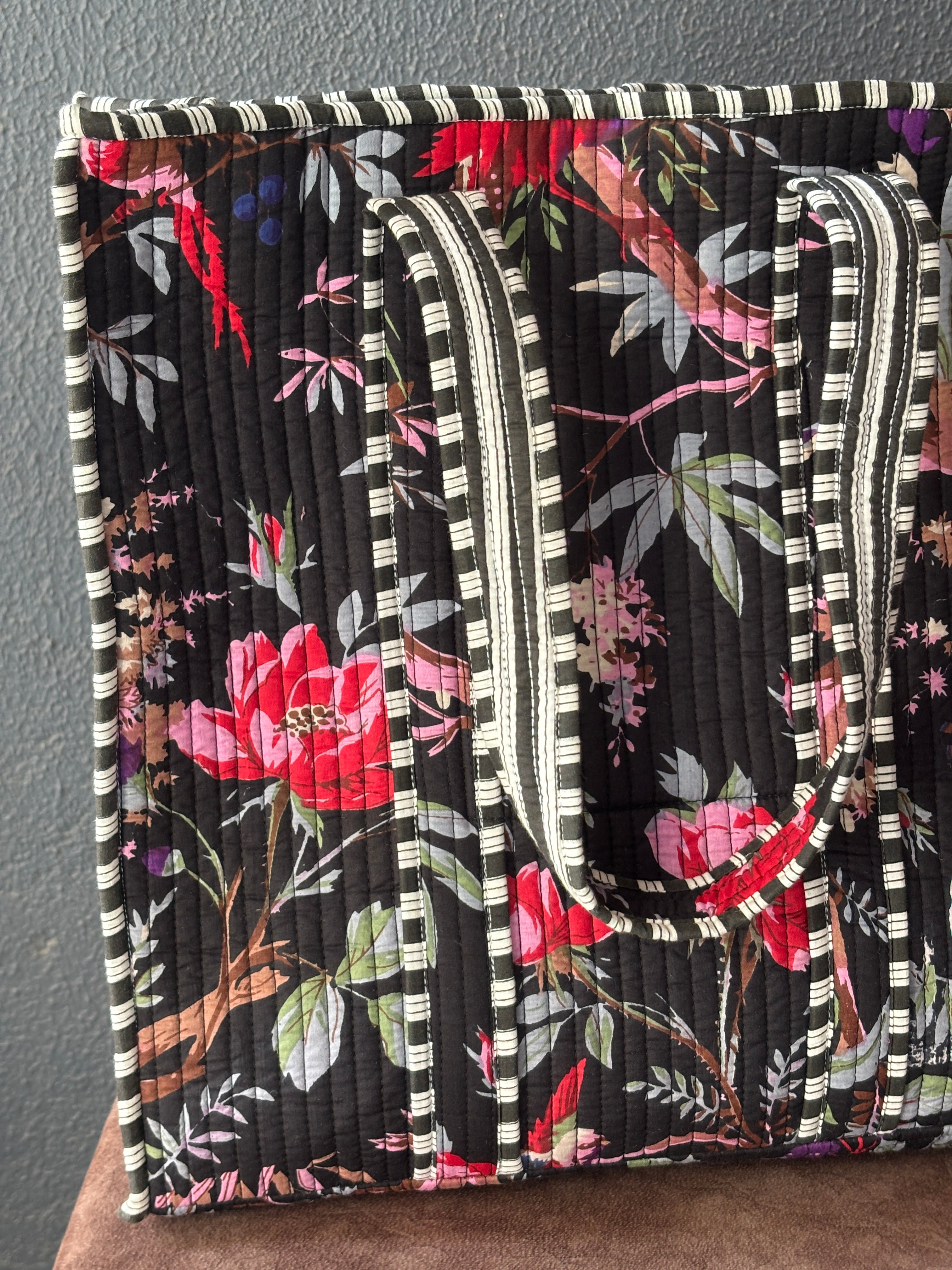 Black Floral Bird Print Quilted Tote Bag